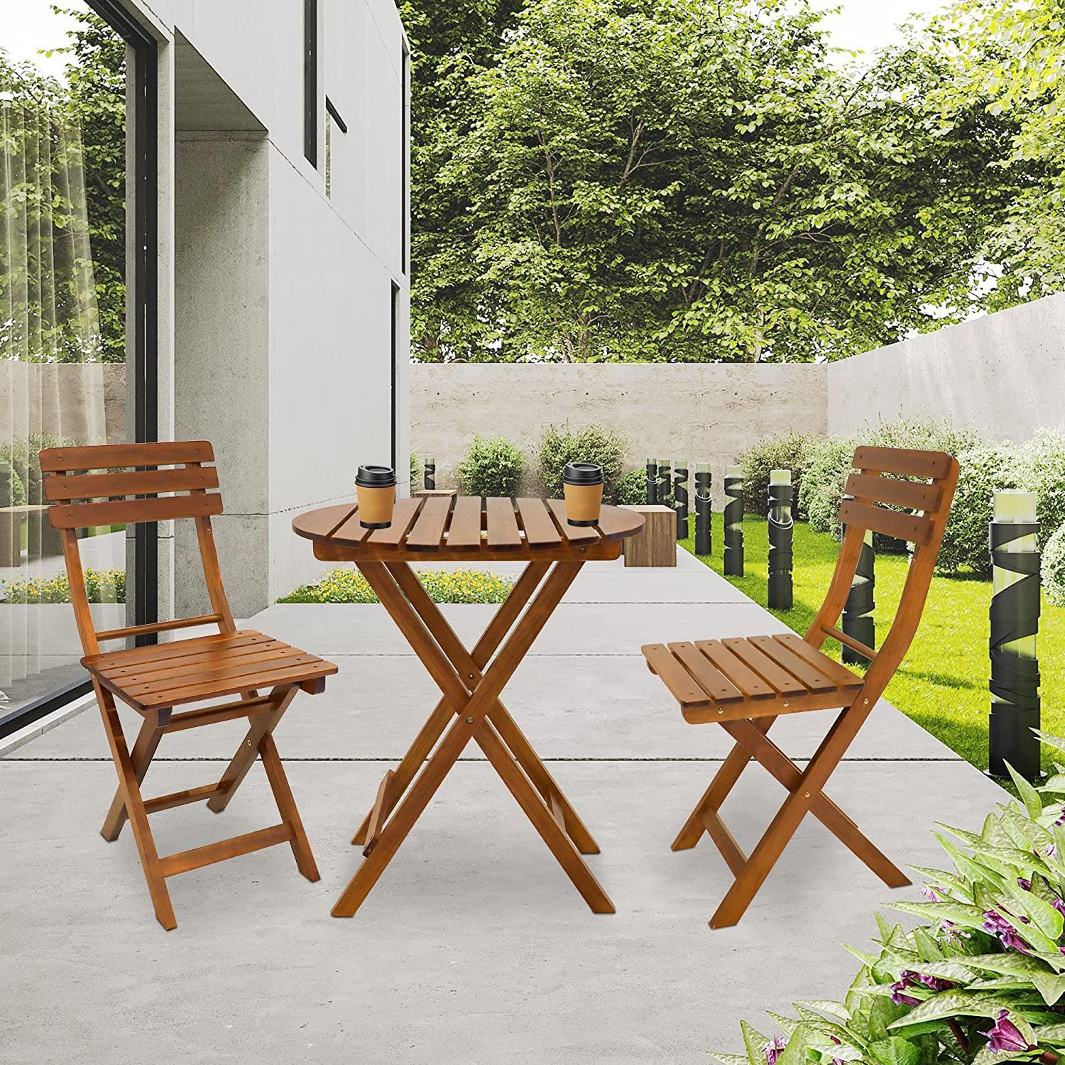 3-Piece Outdoor Wood Round Bistro Set, Patio Folding Furniture Set - Bosonshop