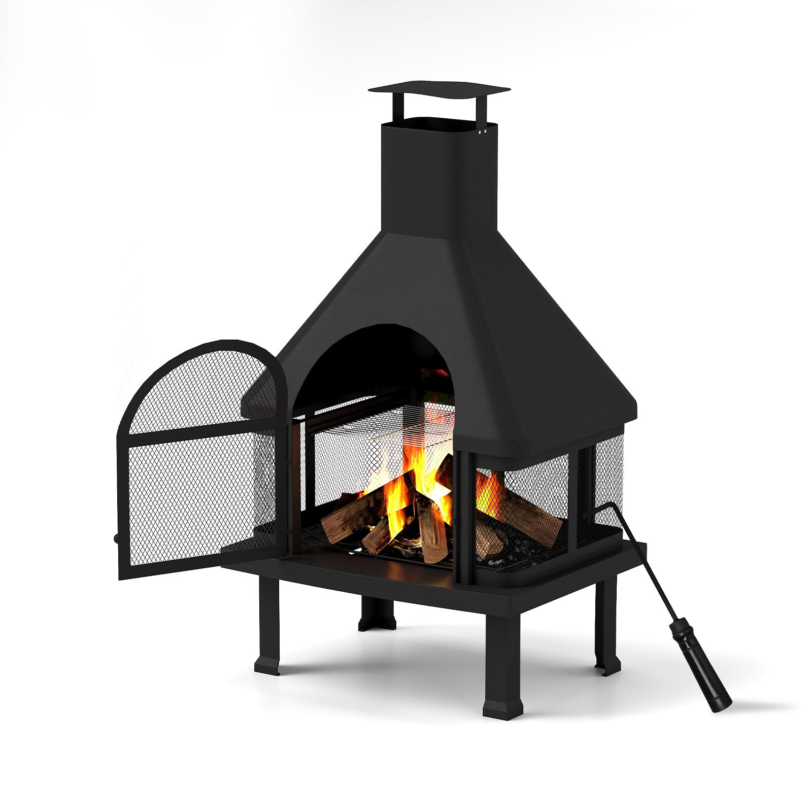 Chiminea Outdoor Fireplace 43.9" Metal Wood Burning Fire Pit with Wood Grate, Grill Grate and Fire Hook, Black