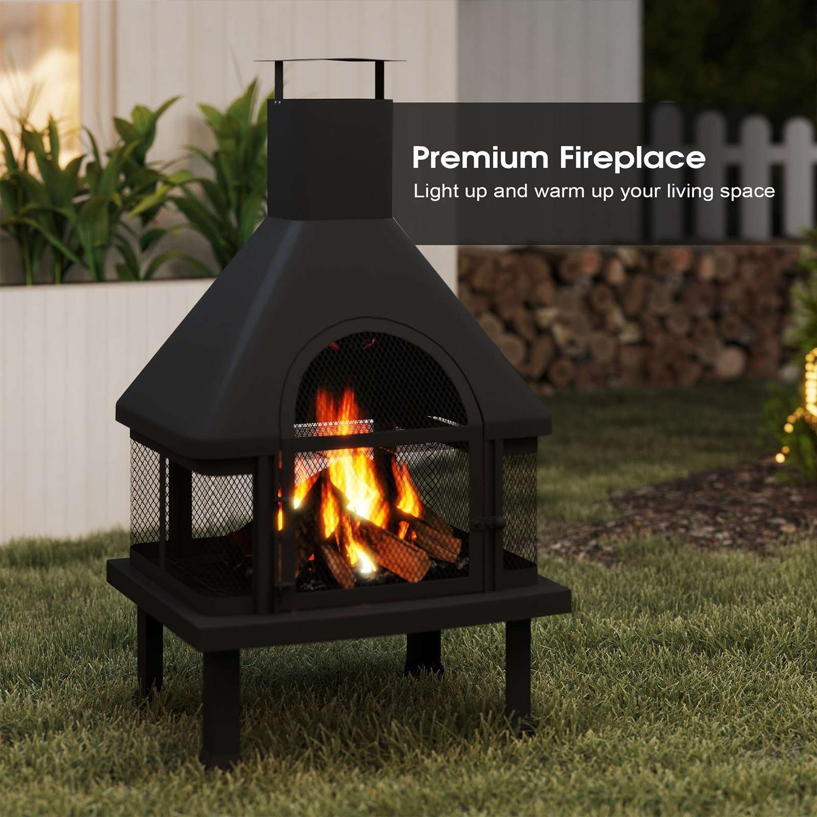 Chiminea Outdoor Fireplace 43.9" Metal Wood Burning Fire Pit with Wood Grate, Grill Grate and Fire Hook, Black