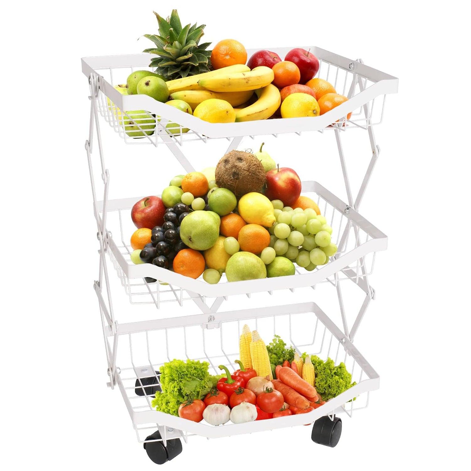 3 Tier Foldable Fruit Basket Kitchen Storage Rolling Cart, Living Room Baskets - Bosonshop