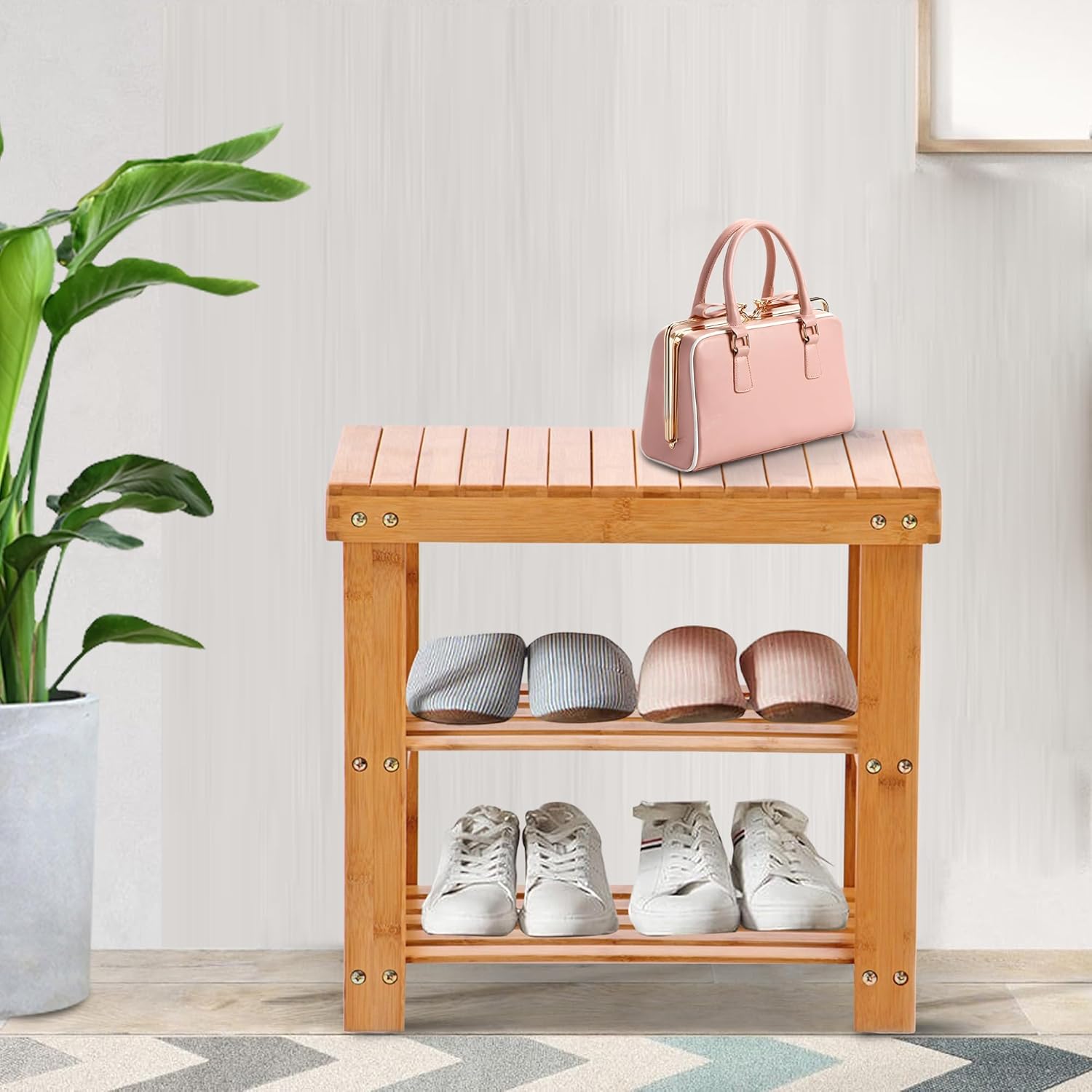 2-Tier Bamboo Shoe Entryway Storage Bench Rack Shoe Organizer - Bosonshop