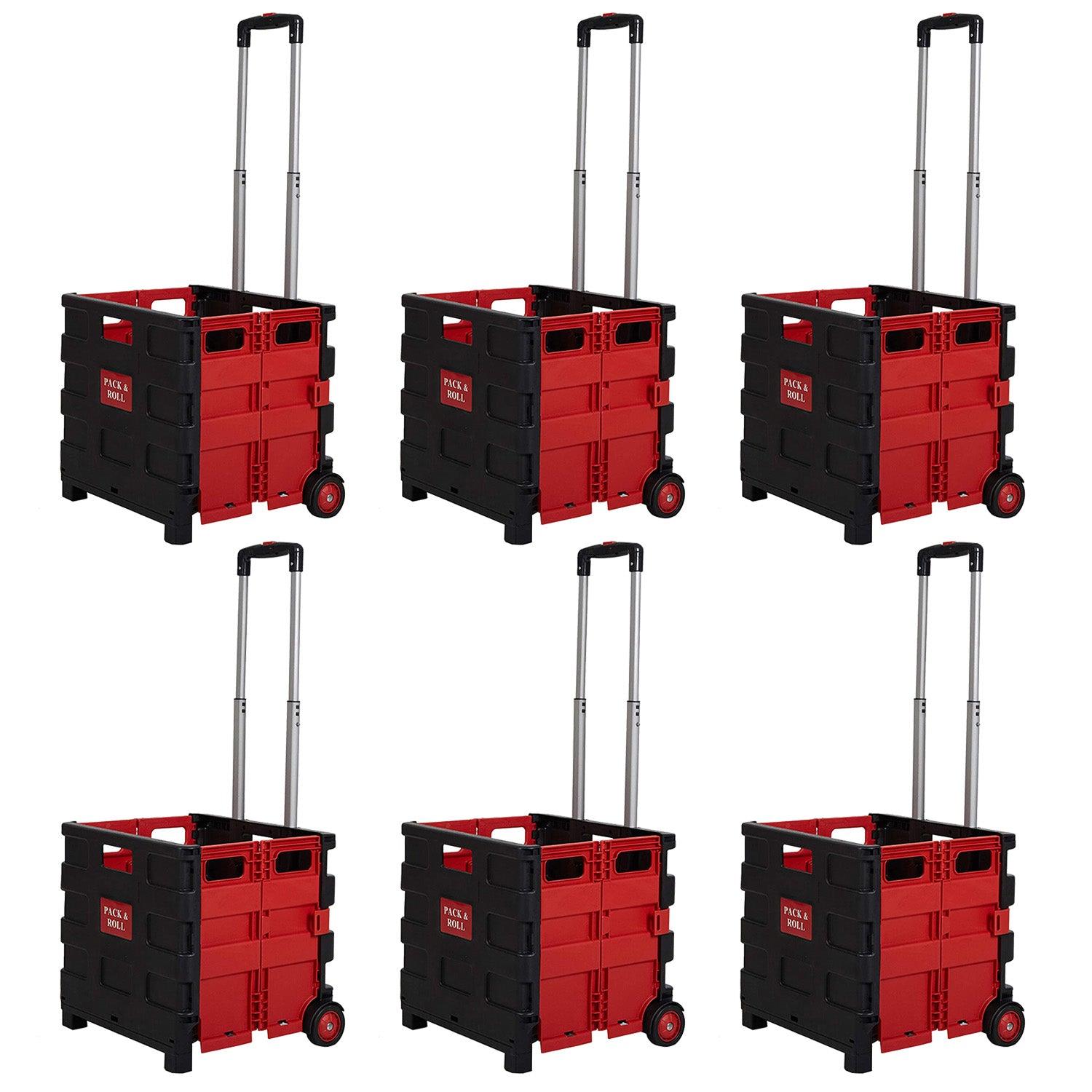 6 Pack Collapsible Rolling Crate Utility Cart 44L Foldable Grocery Cart with Wheels(Red, Medium) - Bosonshop