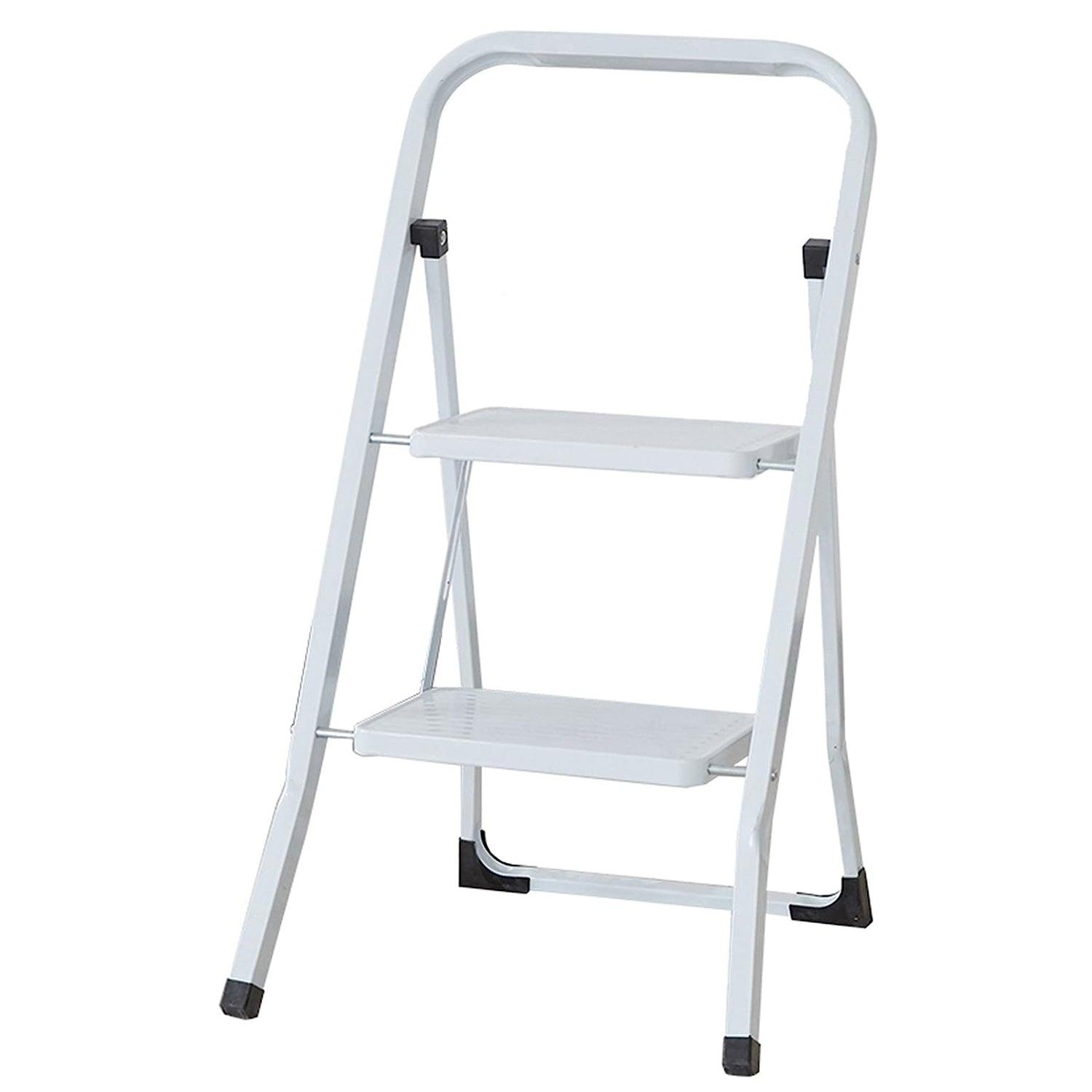 Folding Portable 2 Steps Ladder Steel Step Stool with 330lbs Capacity, White - Bosonshop