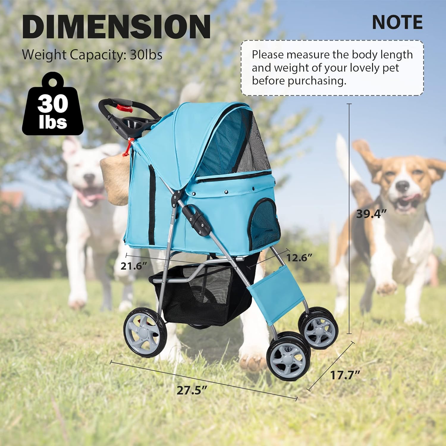 Folding Pet Stroller Elite Jogger Kitten Puppy Easy Walk Dog Cat Small Animals Travel Carrier, Blue - Bosonshop