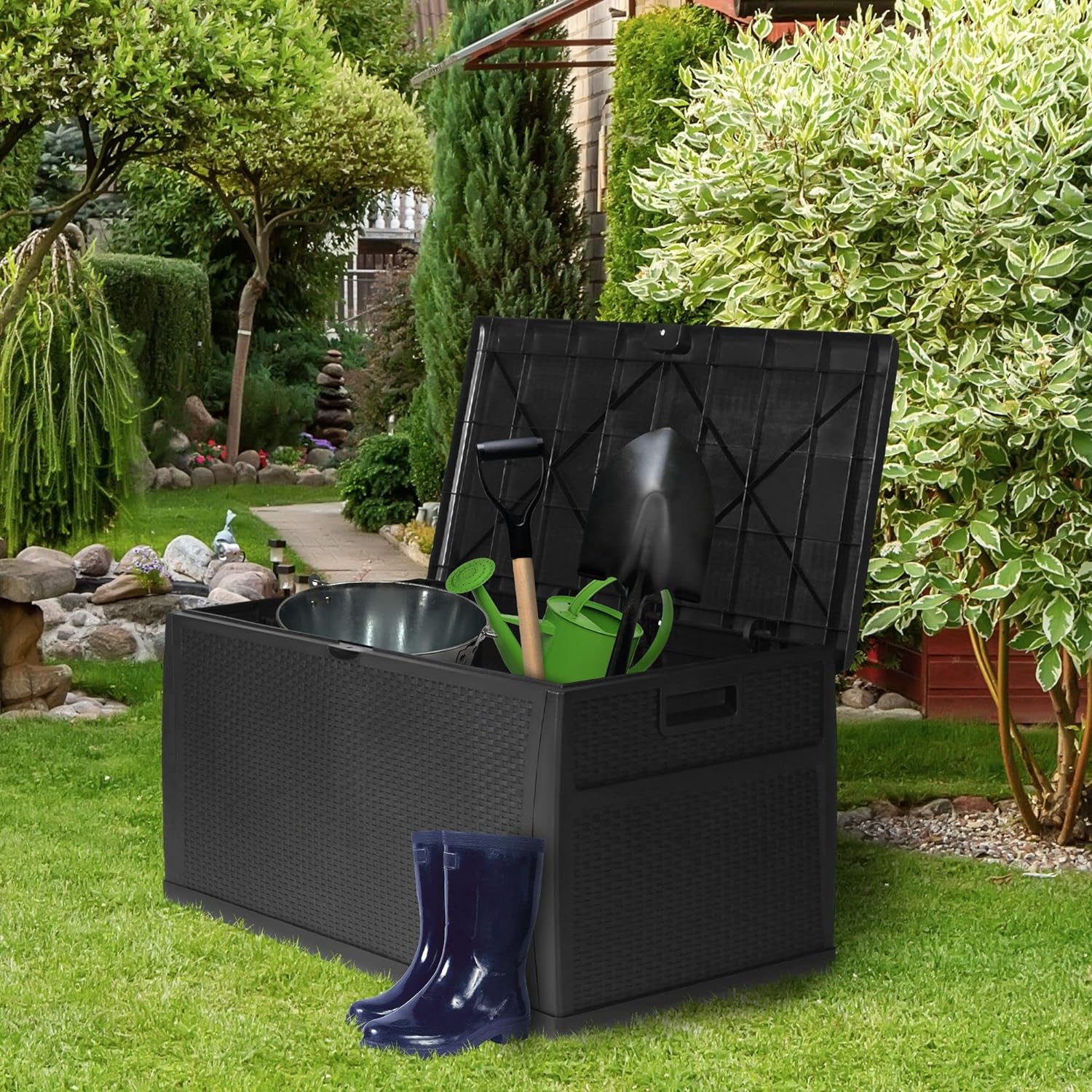 Patio Deck Box Storage Container Outdoor Rattan Style Plastic Storage Cabinet Bench Box - Bosonshop