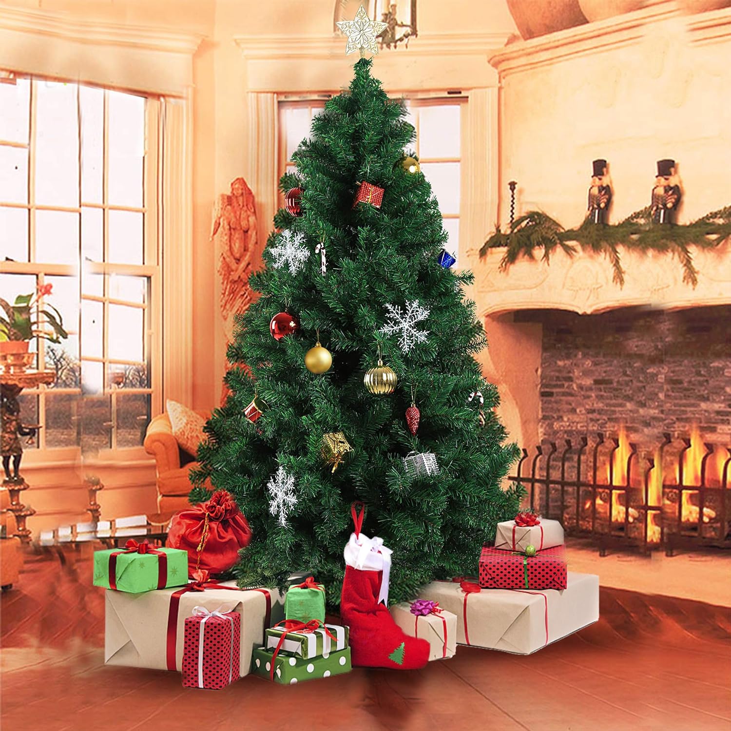 7' Christmas Pine Tree Artificial Fake Xmas Tree with Solid Metal Stand and Decoration for Festival Party Holiday, Green - Bosonshop