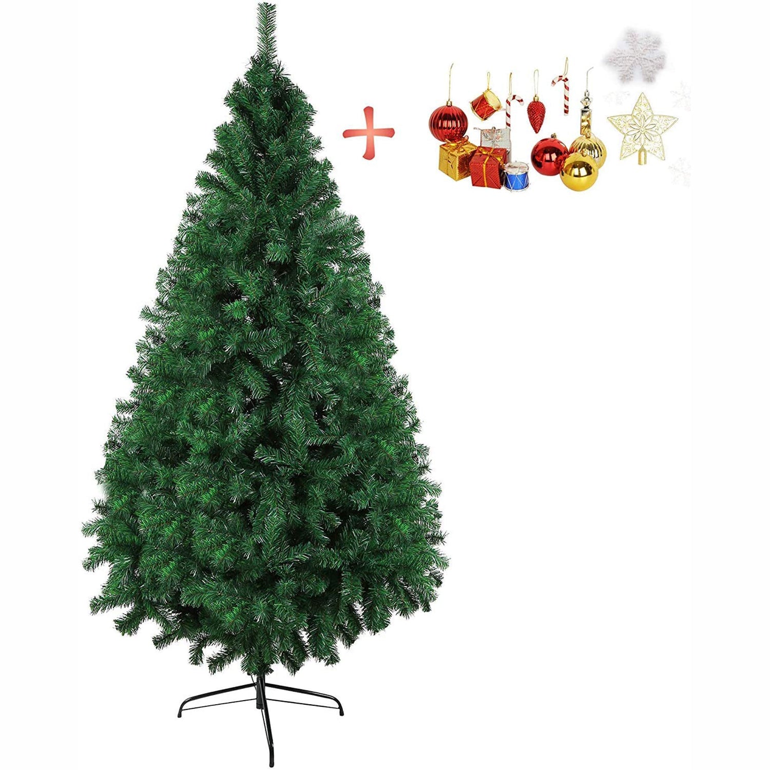 7' Christmas Pine Tree Artificial Fake Xmas Tree with Solid Metal Stand and Decoration for Festival Party Holiday, Green - Bosonshop