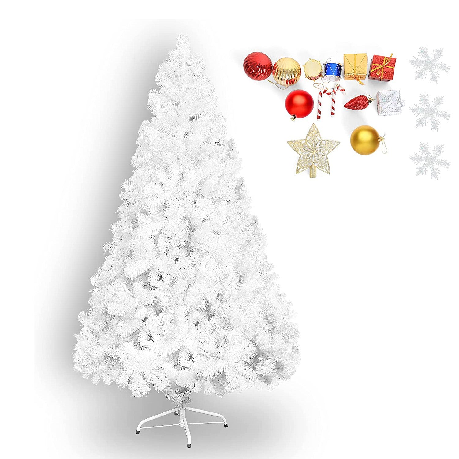 7' High Christmas Tree 1000 Tips Decorate Pine Tree with Metal Legs White & Decorations - Bosonshop