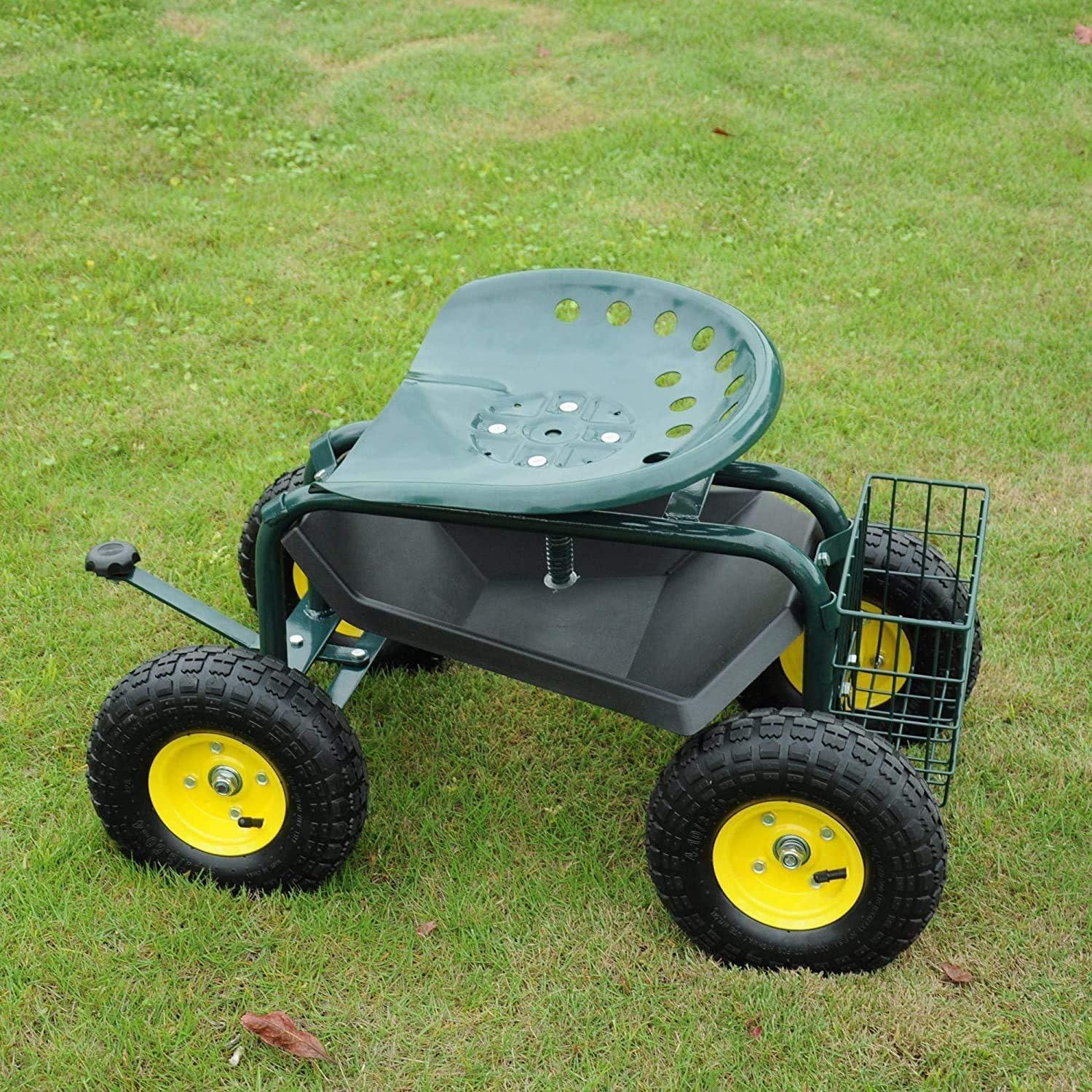 Garden Cart Wagon Scooter Rolling Yard Work Seat with Tool Tray and 360 Swivel Seat - Bosonshop