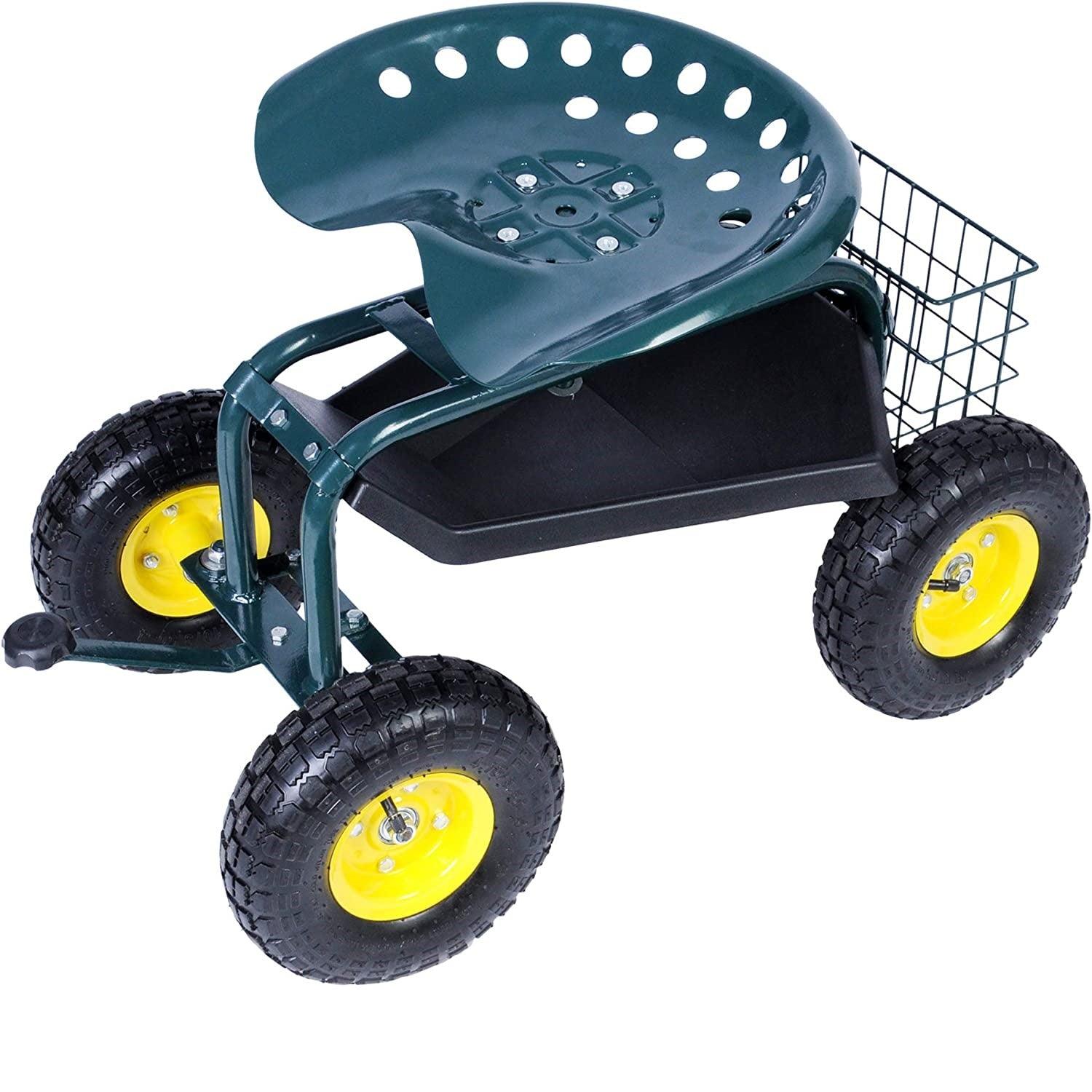 Garden Cart Wagon Scooter Rolling Yard Work Seat with Tool Tray and 360 Swivel Seat - Bosonshop