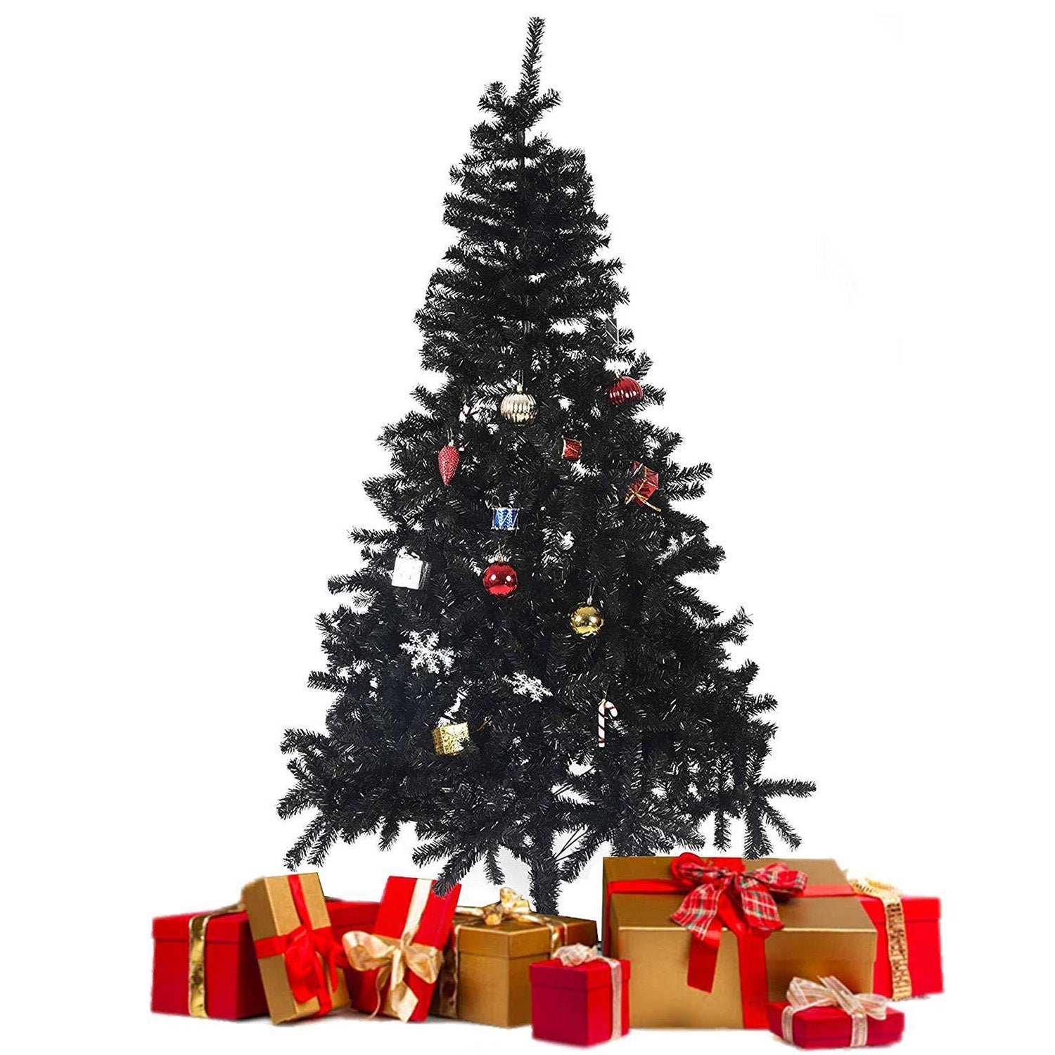 7' Black Christmas Tree Halloween Tree Artificial Pine Tree Holiday Decoration with Xmas Tree Ornaments w/ 1000 Branch Tips - Bosonshop