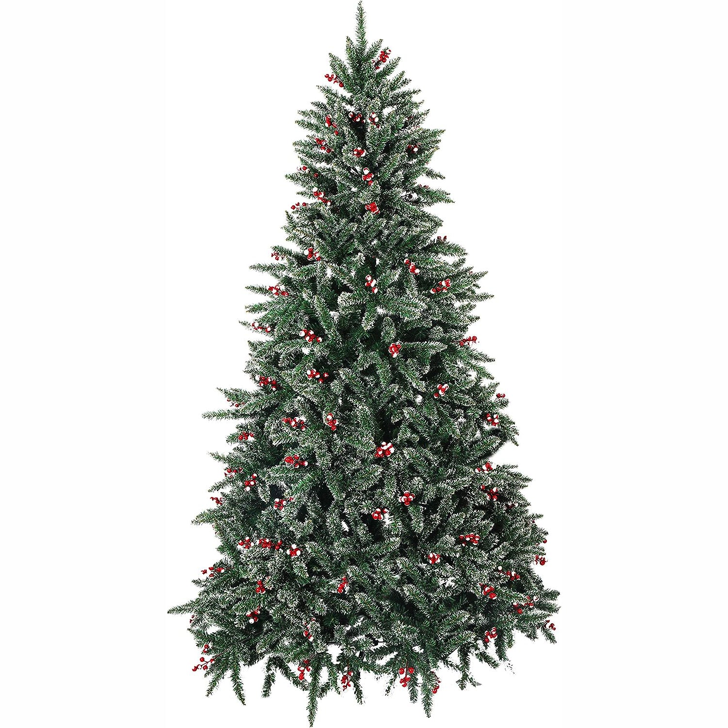 7' Artificial Christmas Tree Snow Flocked 1390 Tips Pine Decoration with Red Cheery - Bosonshop