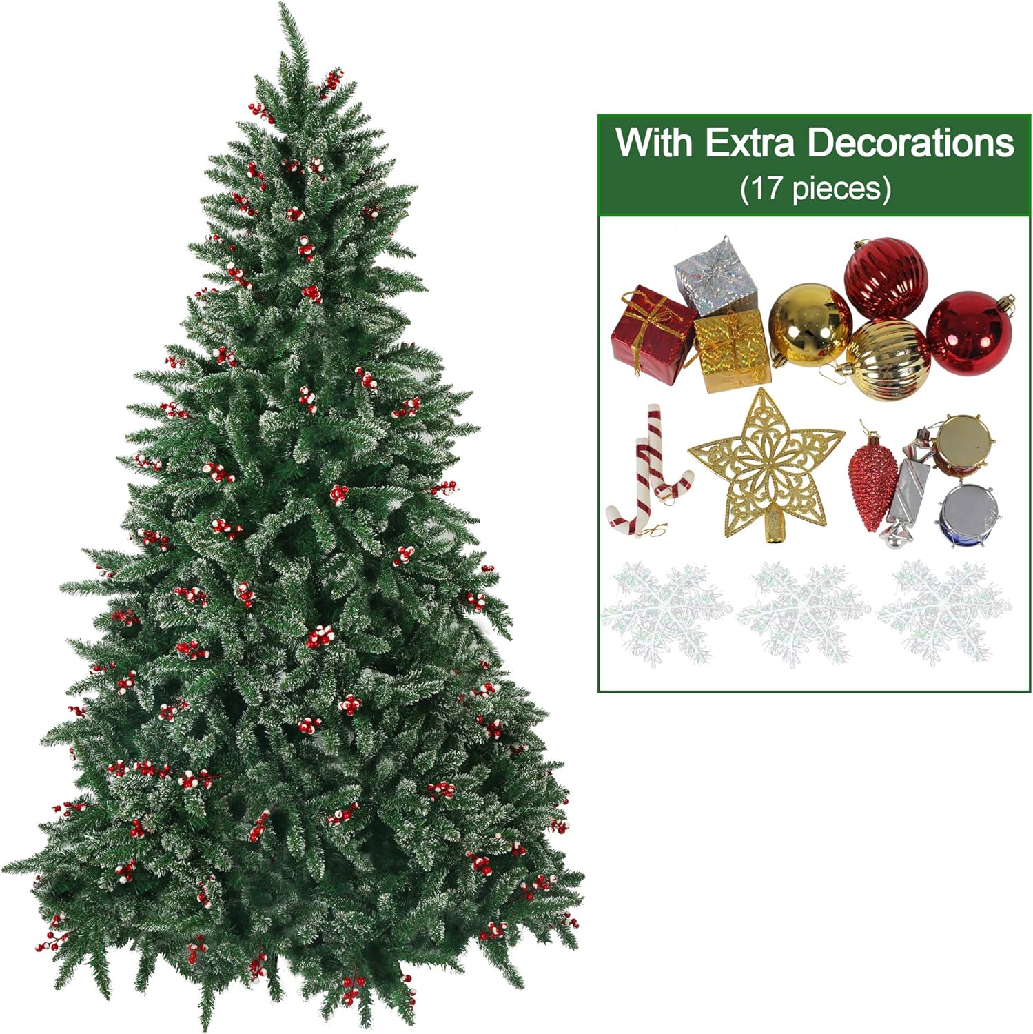 7' Artificial Christmas Tree Snow Flocked 1390 Tips Pine Decoration with Red Cheery - Bosonshop