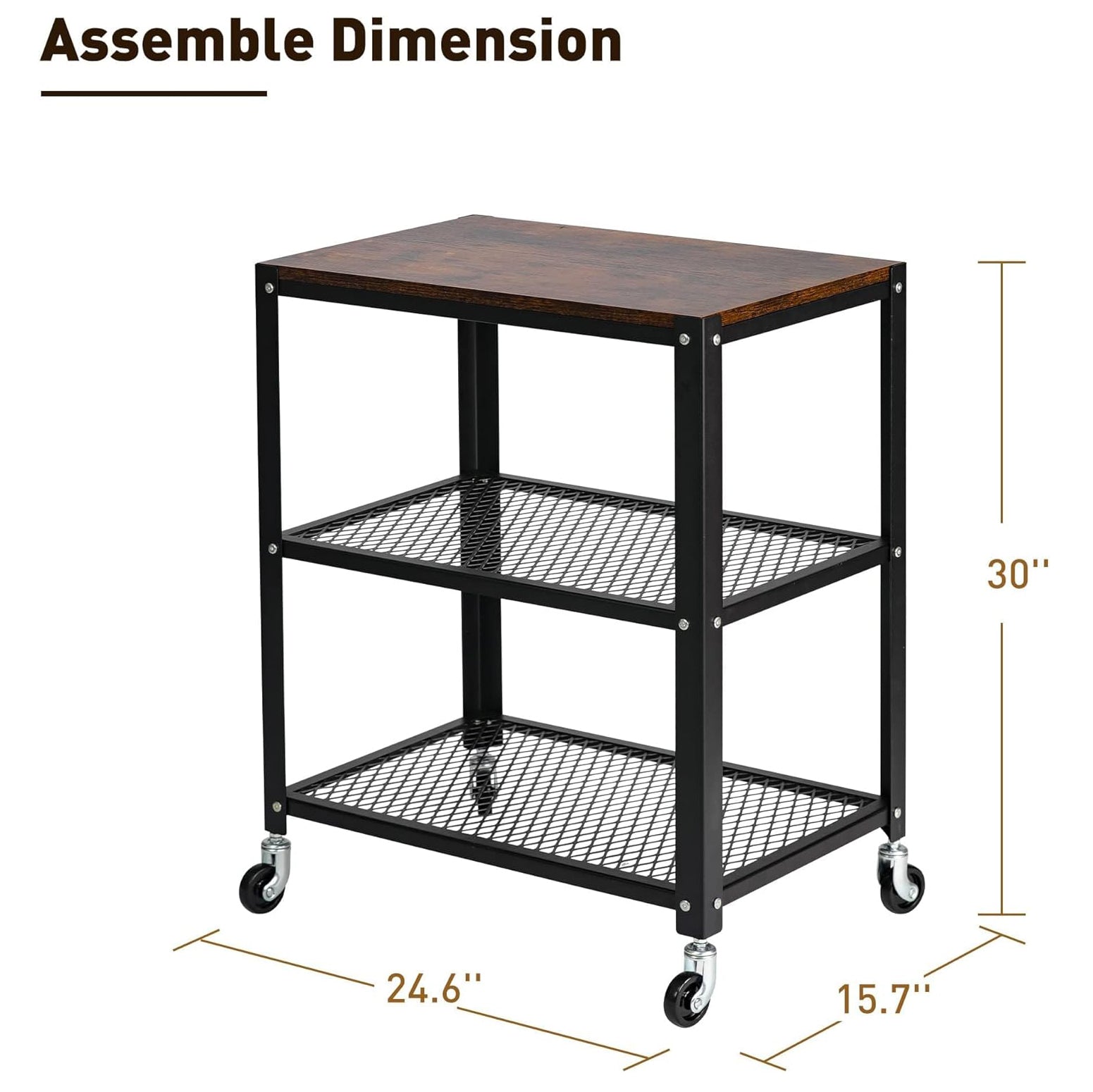 3-Tier Modern Style Storage Rack with Wheels - Steel Movable Storage Shelf and Display Rack in Black/Brown - Bosonshop