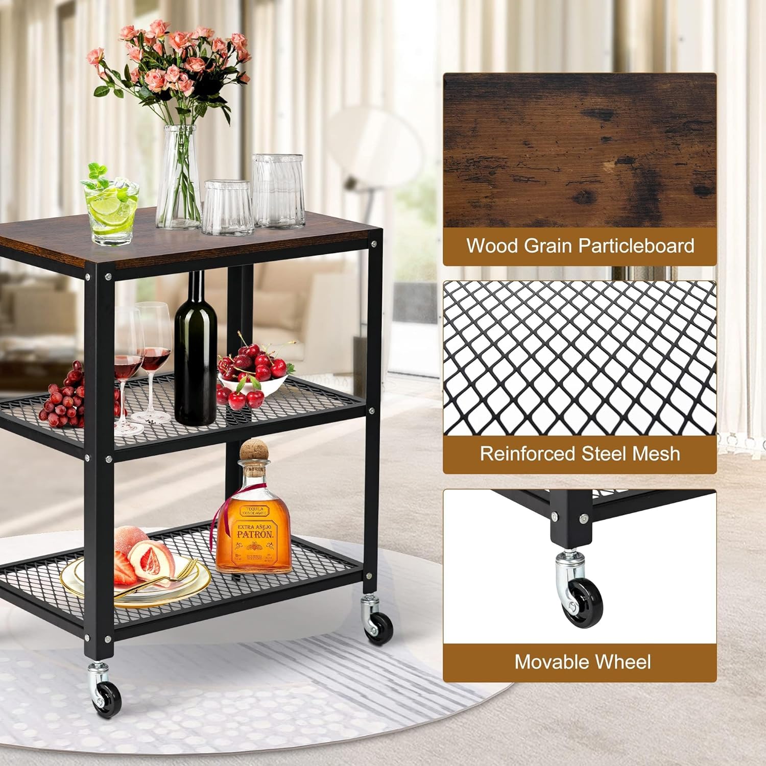 3-Tier Modern Style Storage Rack with Wheels - Steel Movable Storage Shelf and Display Rack in Black/Brown - Bosonshop