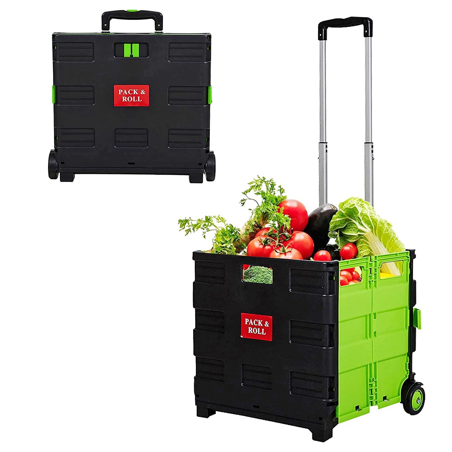 56L Folding Portable Rolling Utility Shopping Cart Crate with Telescopic Handle (Green, Large) - Bosonshop