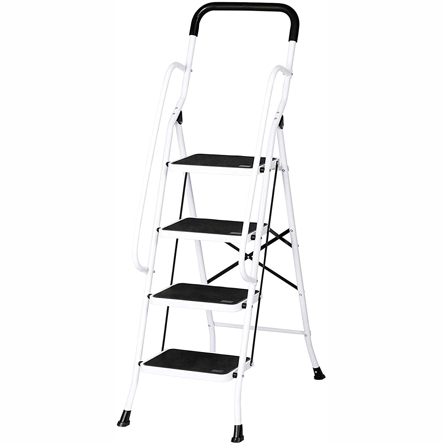 4 Steps Ladder Folding Step Stool With Hand Grip Non-Slip Safety Rails 330 lb Load Capacity - Bosonshop