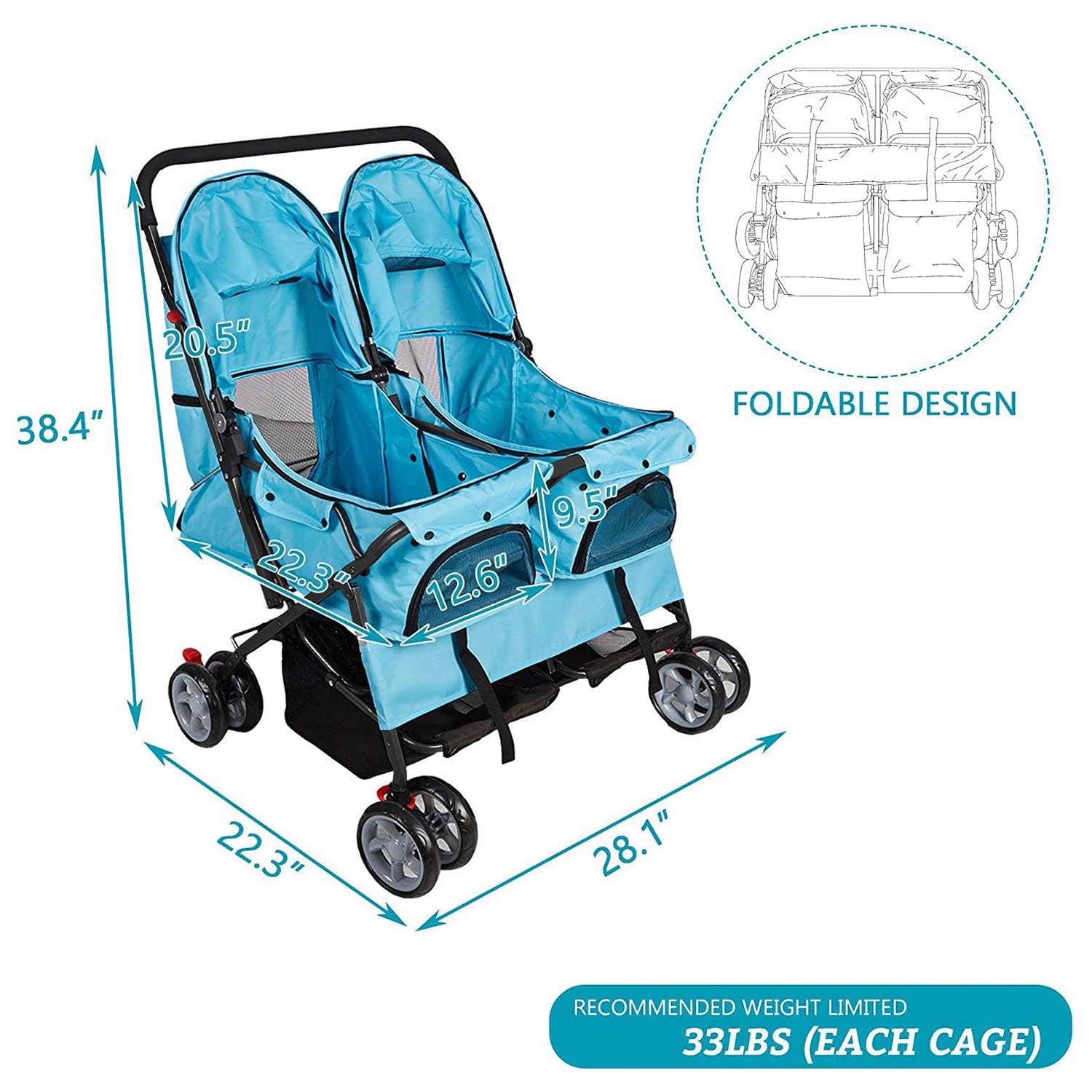 Folding 4 Wheels Double Pet Stroller Two-Seater Carrier Cart, Blue - Bosonshop