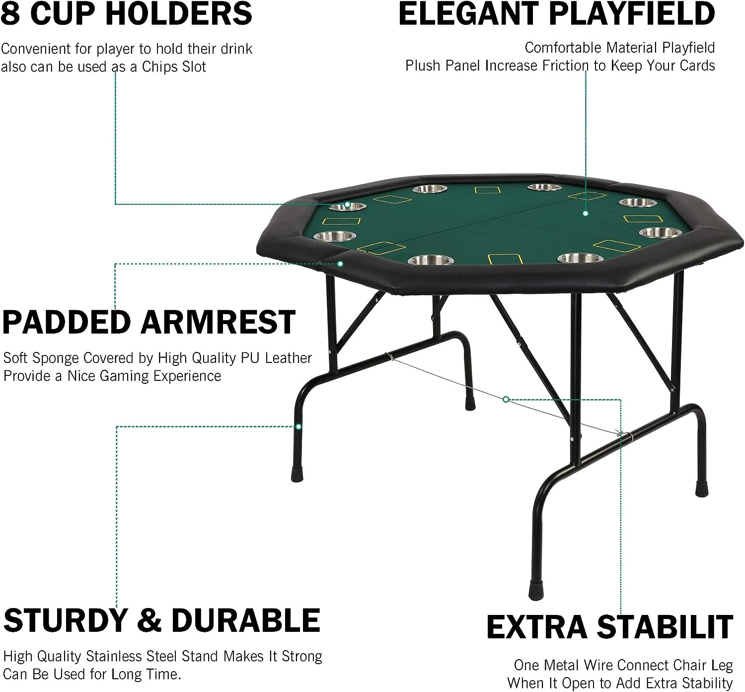 48" Octagon 8-Player Foldable Poker Table Texas Casino Table with Stainless Steel Cup Holder - Bosonshop