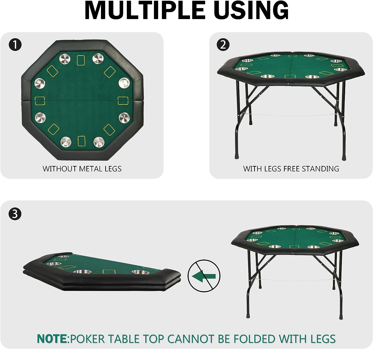 48" Octagon 8-Player Foldable Poker Table Texas Casino Table with Stainless Steel Cup Holder - Bosonshop