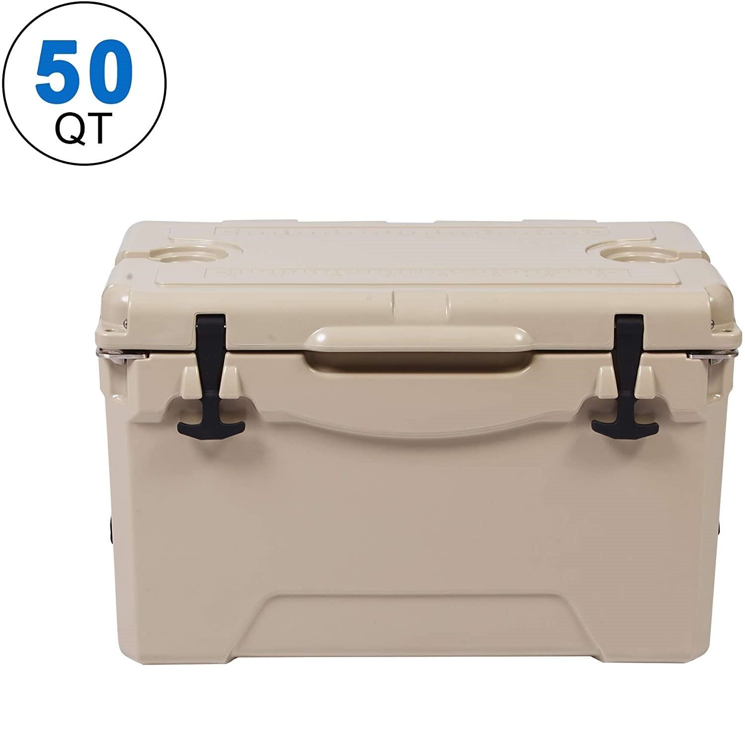 Rotomolded Cooler, 50QT Tan Cooler with Built-in Cup Holder, Bottle Openers, and Fish Ruler - Bosonshop