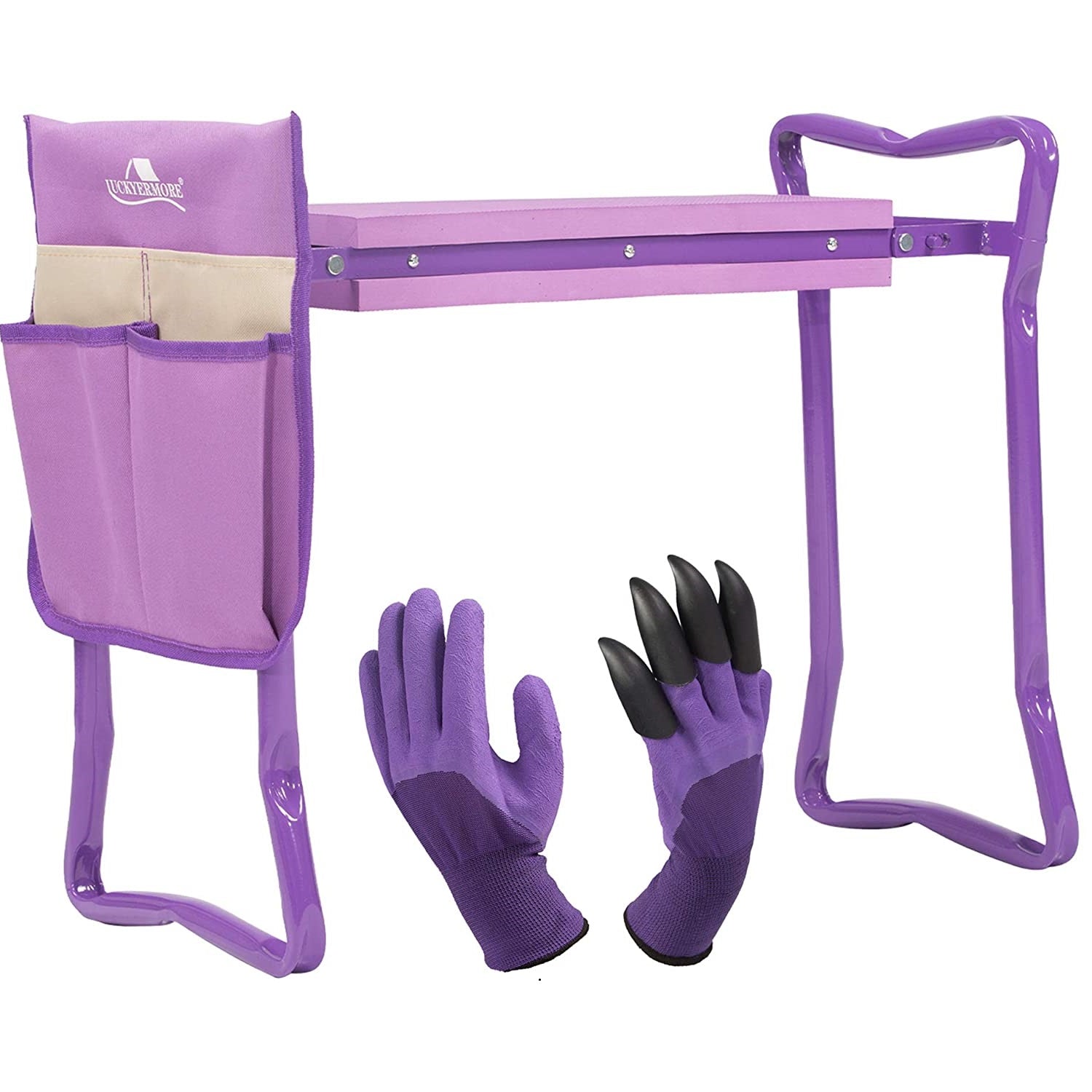 Foldable Garden Kneeling Bench Stool with Soft Foam and Tool Pouch, Purple - Bosonshop