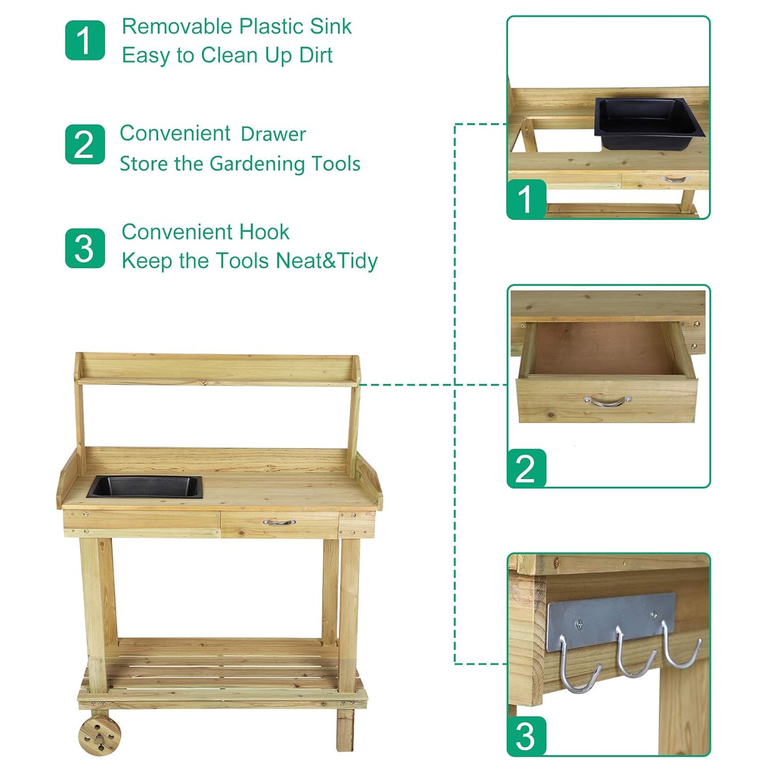 Potting Bench Table Wooden Gardening Plant Workstation Natural Solid Wood w/Wheels and Drawer Sink Hook Open Shelf - Bosonshop