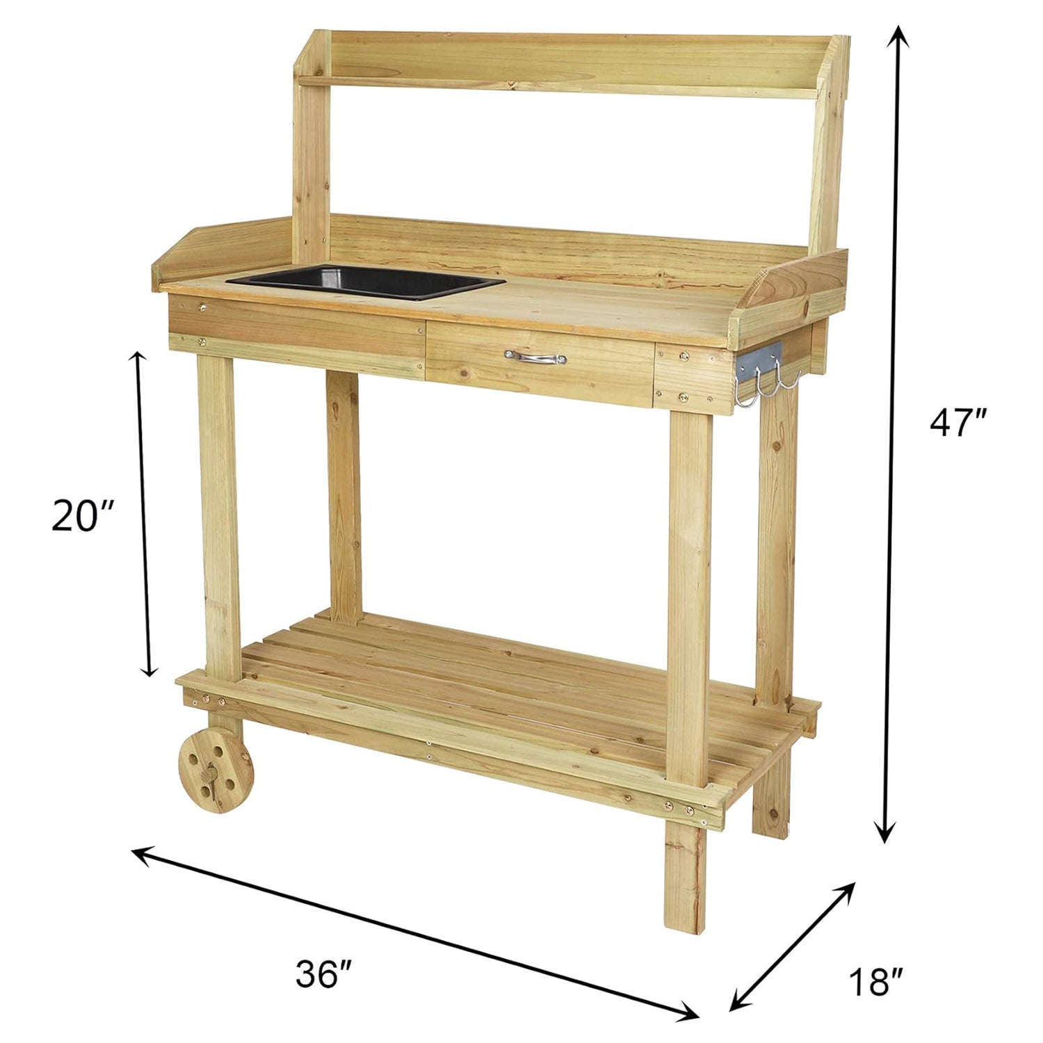 Potting Bench Table Wooden Gardening Plant Workstation Natural Solid Wood w/Wheels and Drawer Sink Hook Open Shelf - Bosonshop