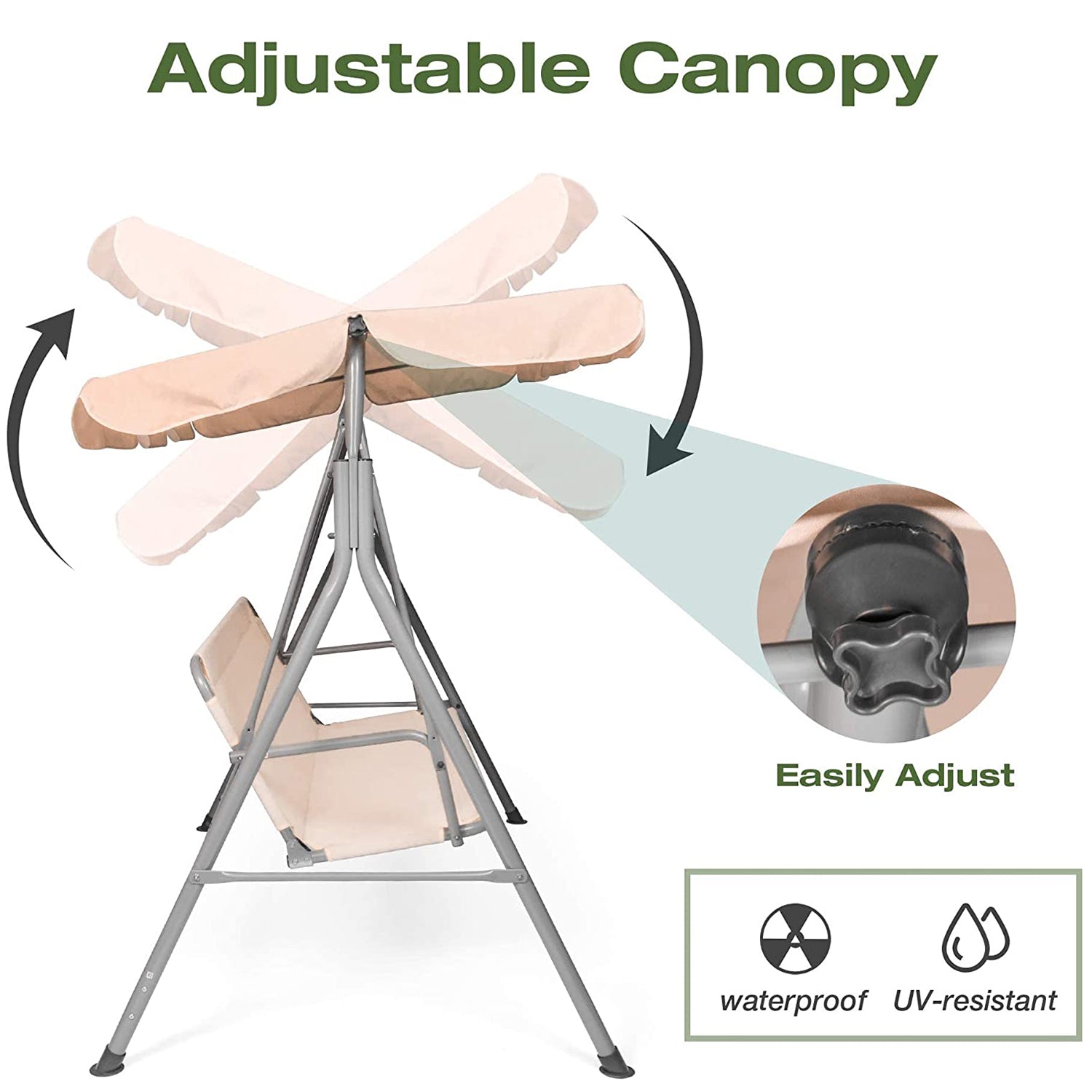 3-Seat Outdoor Patio Swing Chair Adjustable Canopy & Anti-Slip Padded Feets, Beige - Bosonshop