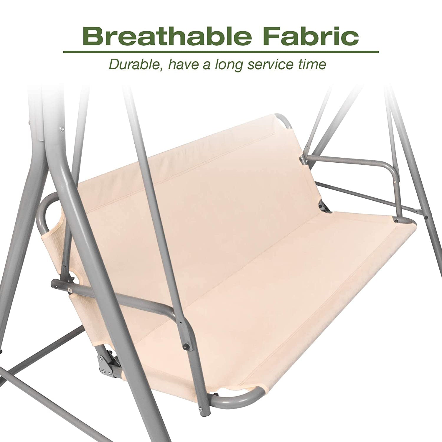 3-Seat Outdoor Patio Swing Chair Adjustable Canopy & Anti-Slip Padded Feets, Beige - Bosonshop