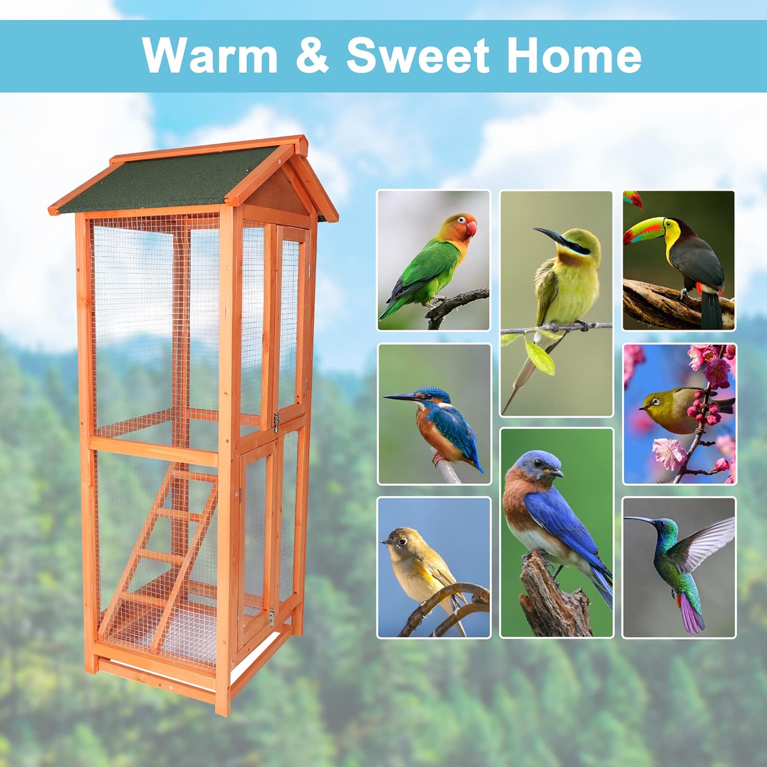 Wooden Large Bird Cage Pet Play Covered House Ladder Feeder Stand Outdoor - Bosonshop