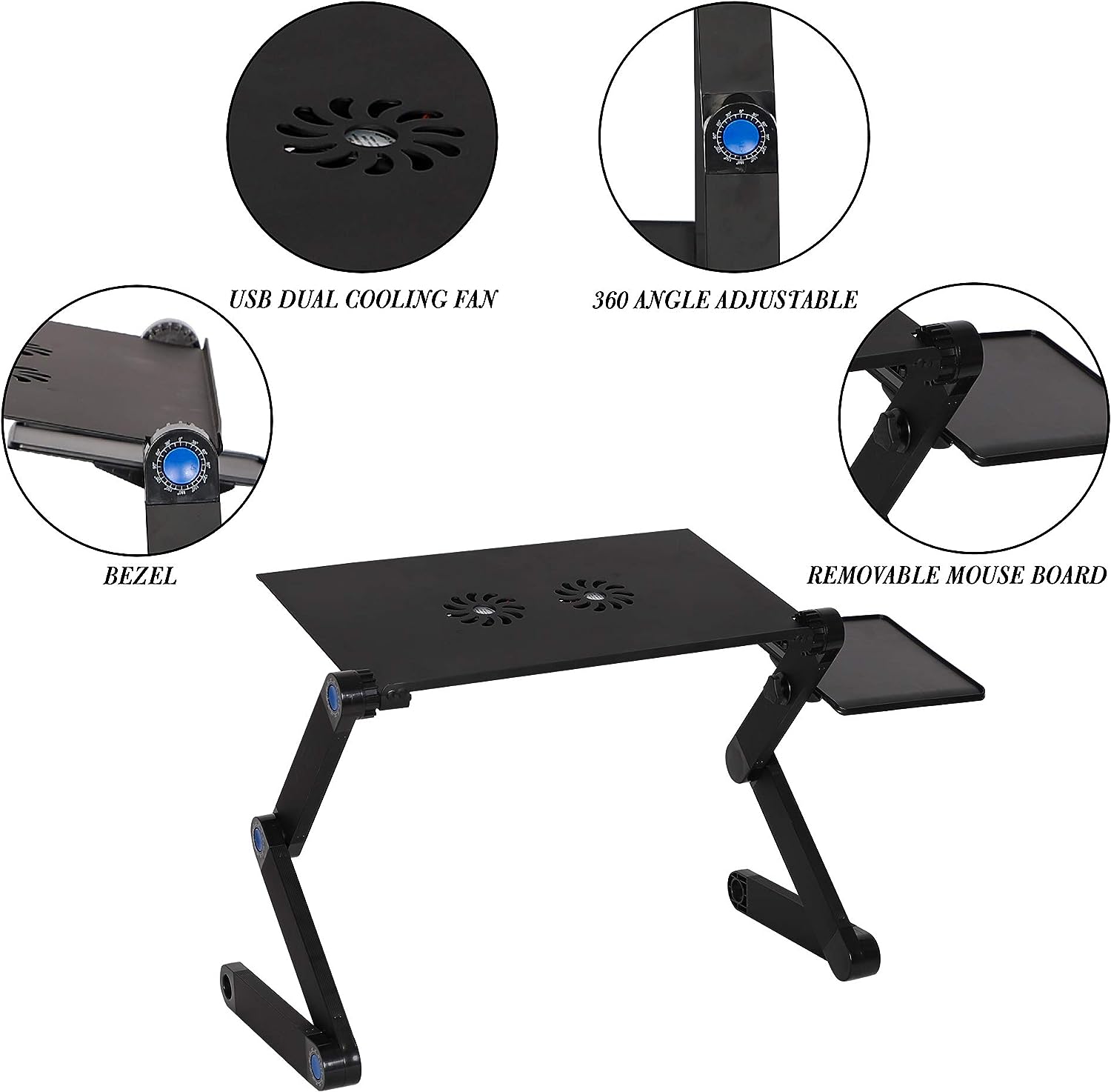 Foldable Aluminum Laptop Desk Adjustable Portable Table Stand with 2 CPU Cooling Fans and Mouse Pad - Bosonshop