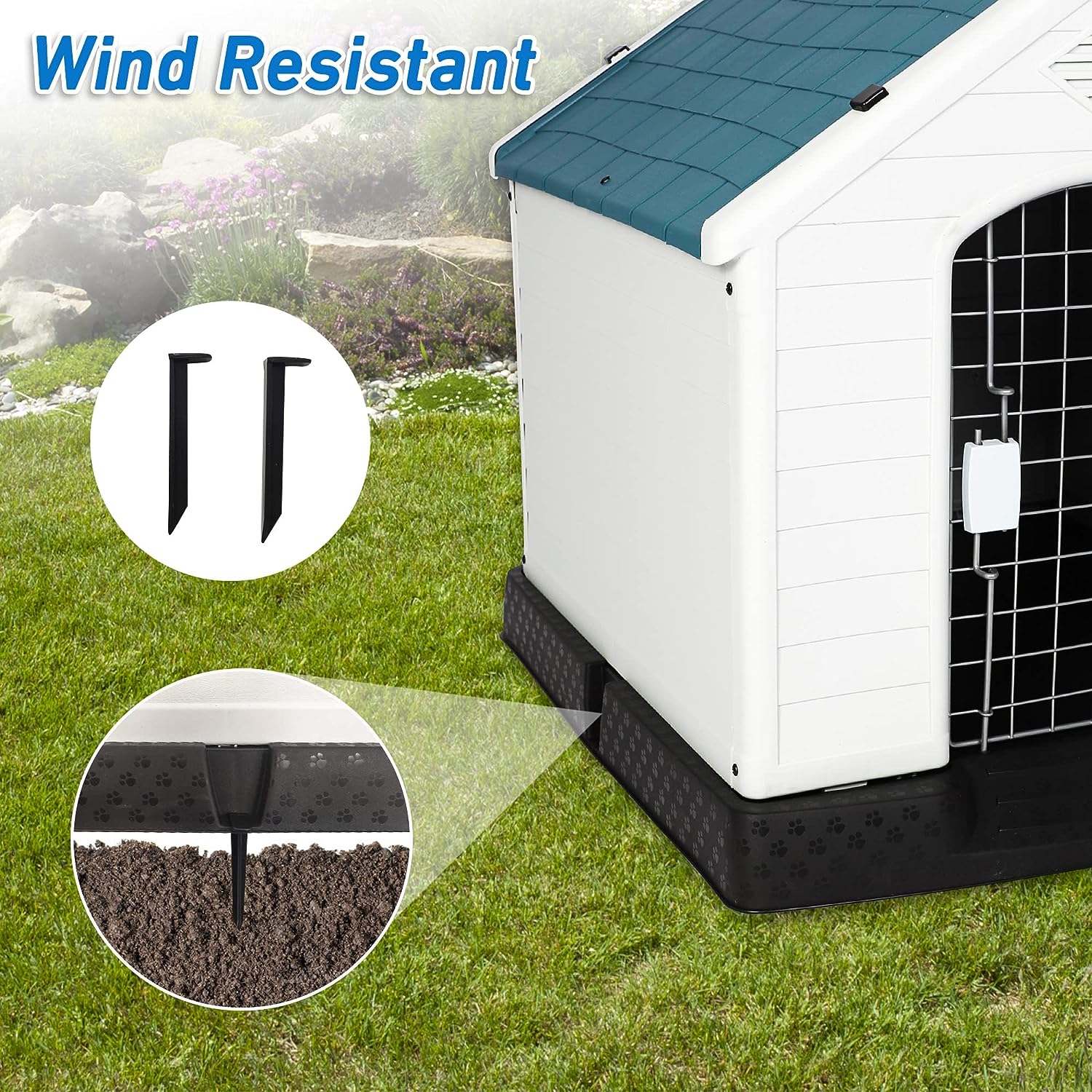 Plastic Ventilate Dog House with Door 28.3" Height Weatherproof Pet House with Elevated Floor, Medium - Bosonshop