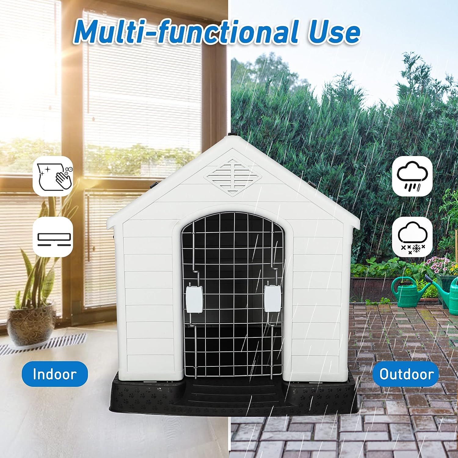 Plastic Ventilate Dog House with Door 28.3" Height Weatherproof Pet House with Elevated Floor, Medium - Bosonshop