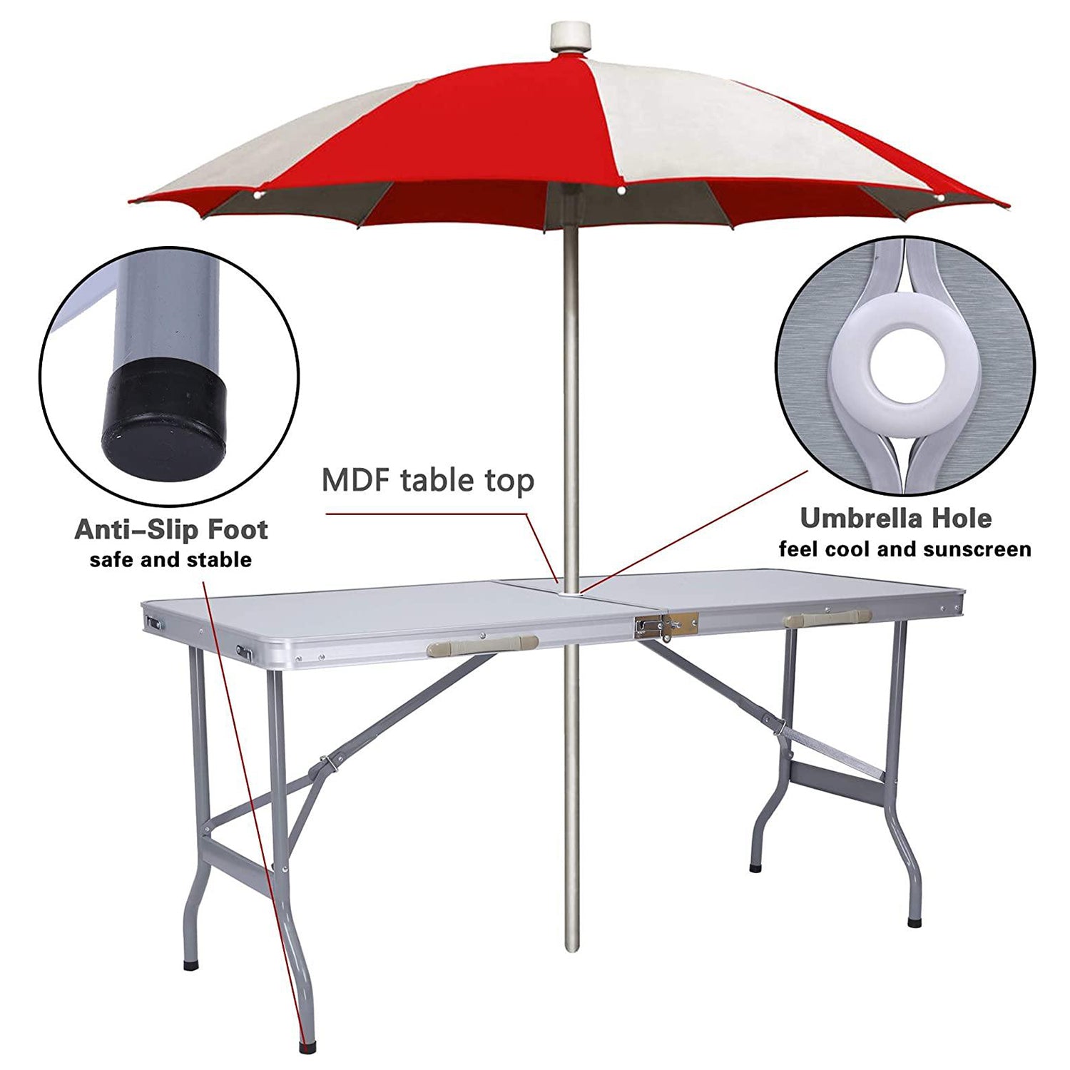 Portable Folding Aluminum Suitcase Table, Compact Camping Picnic Table with Umbrella Hole and Carrying Handle, Silver - Bosonshop