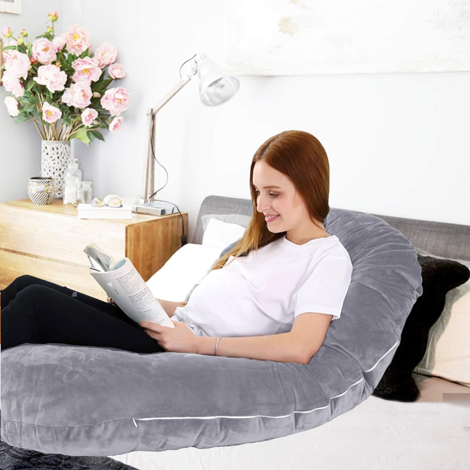 C-Shape Full Body Pillow 53 Inch Maternity Pillow with Washable Velvet Cover Nursing Support Cushion, Support for Back - Bosonshop