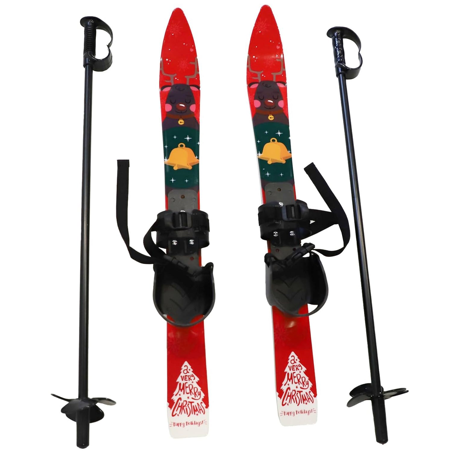 Kids Skis and Poles with Bindings for Age 2-4 Beginner Snow Skis 25.6", Red - Bosonshop