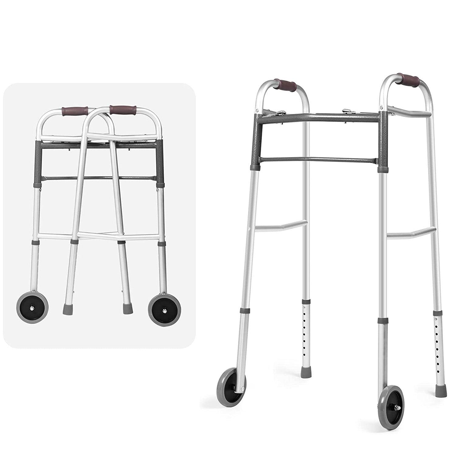 Lightweight Aluminum Alloy Folding Walker with 5" Wheels, 8-Level Height Adjustable Supports up to 300lbs - Bosonshop