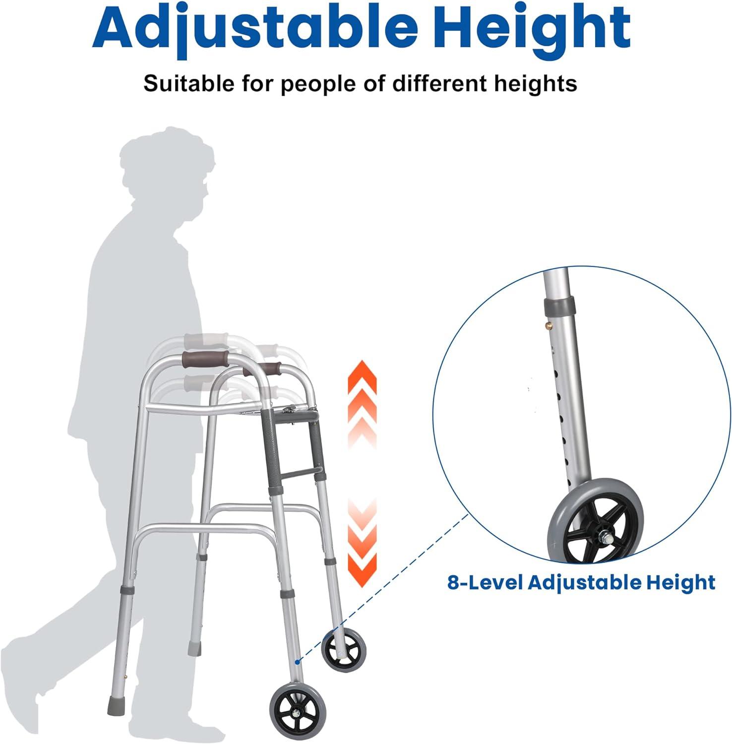 Versatile 32"-39" Adjustable Foldable Walker with 5" Wheels & Folding Button, Supports up to 300 lbs - Bosonshop