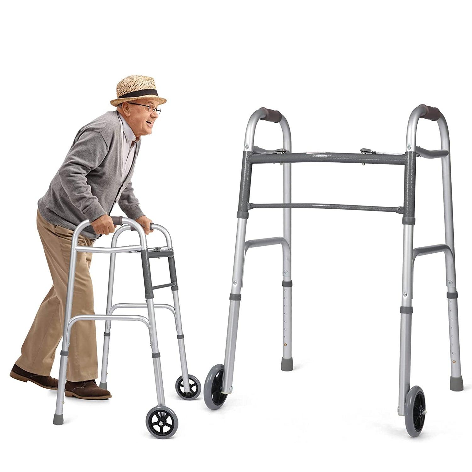 Versatile 32"-39" Adjustable Foldable Walker with 5" Wheels & Folding Button, Supports up to 300 lbs - Bosonshop