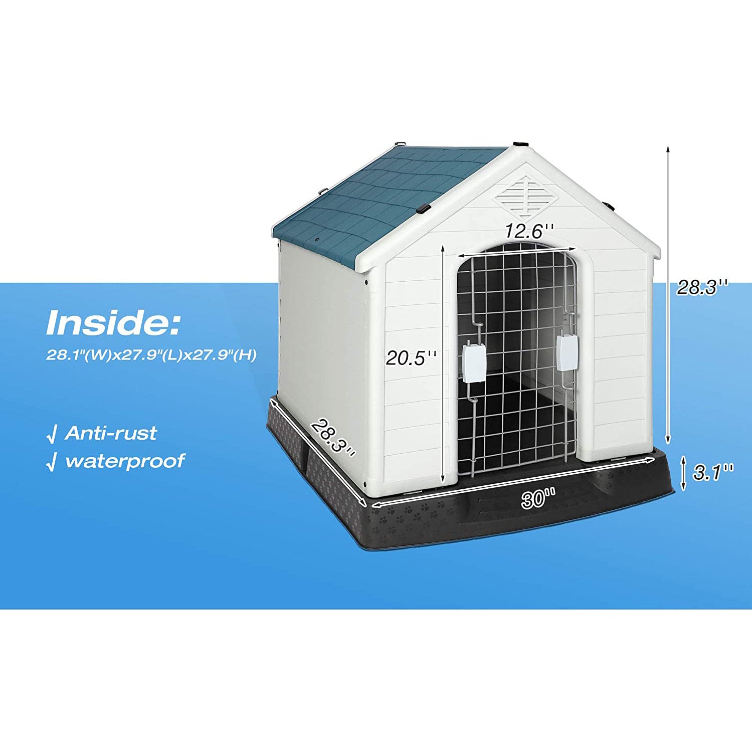 Plastic Ventilate Dog House with Door 28.3" Height Weatherproof Pet House with Elevated Floor, Medium - Bosonshop