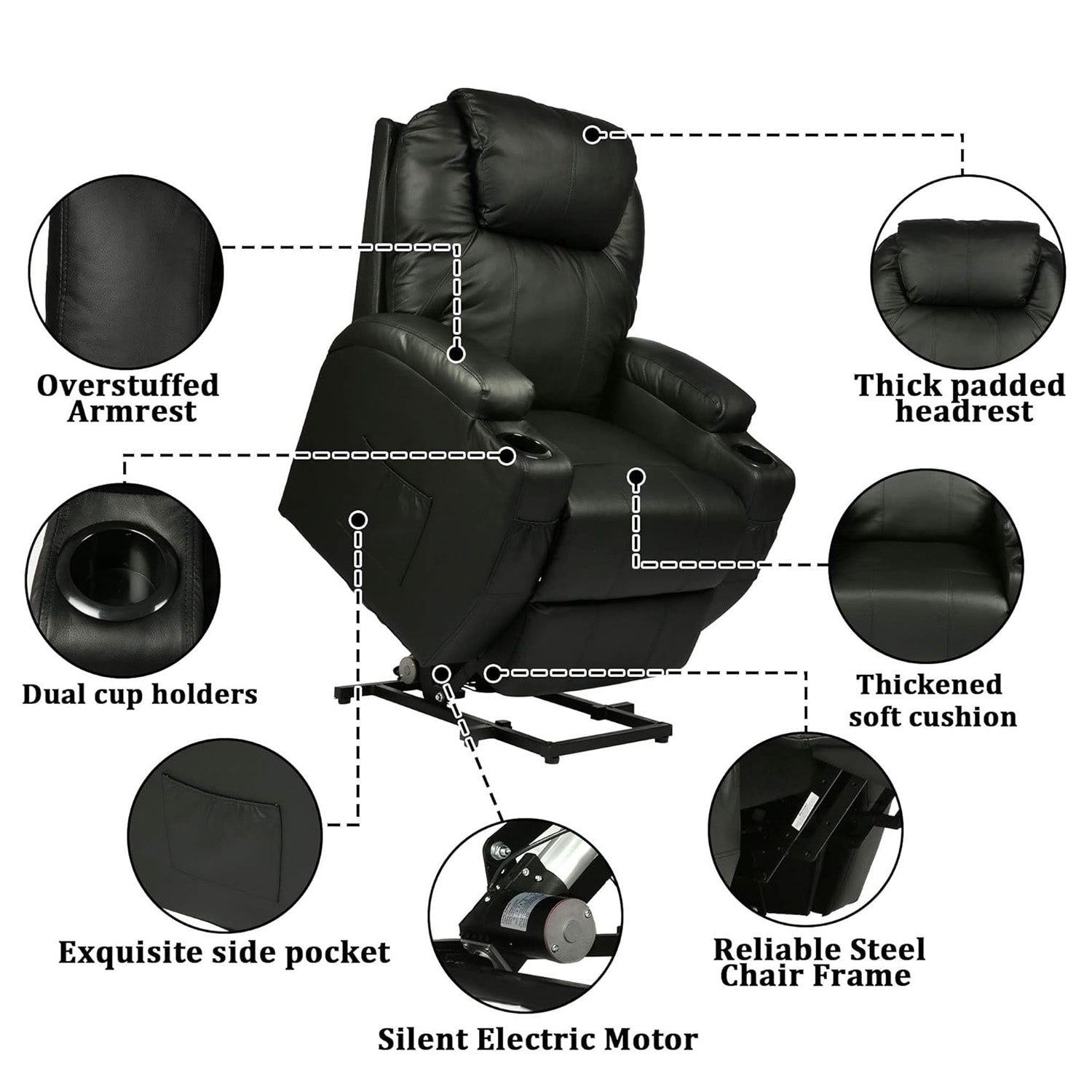 Electric Power Lift Leather Sofa Power Reclining Massage Chair for Elderly with Massage and Heat, Black - Bosonshop