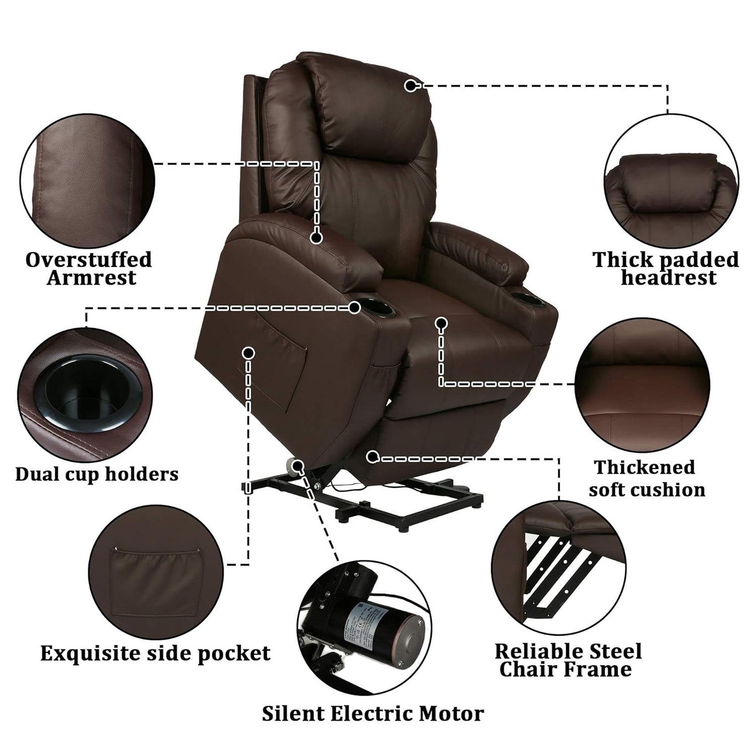 Power Lift Leather Sofa Electric Leather Full Body Massage Chair for Elderly with Massage and Heat, Brown - Bosonshop