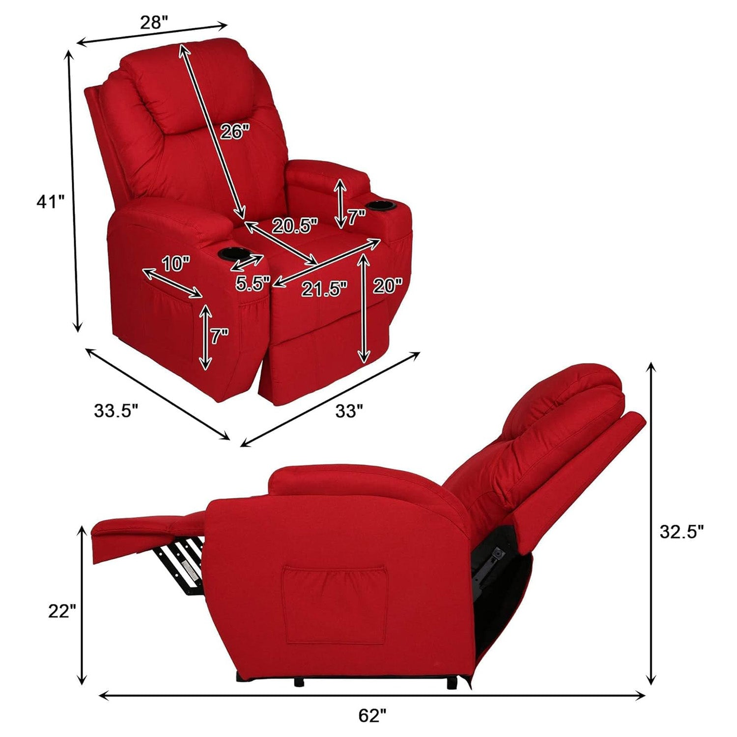 Power Lift Recliner Chair, Electric Full Body Massage Chair for Elderly with Massage and Heat, Red - Bosonshop