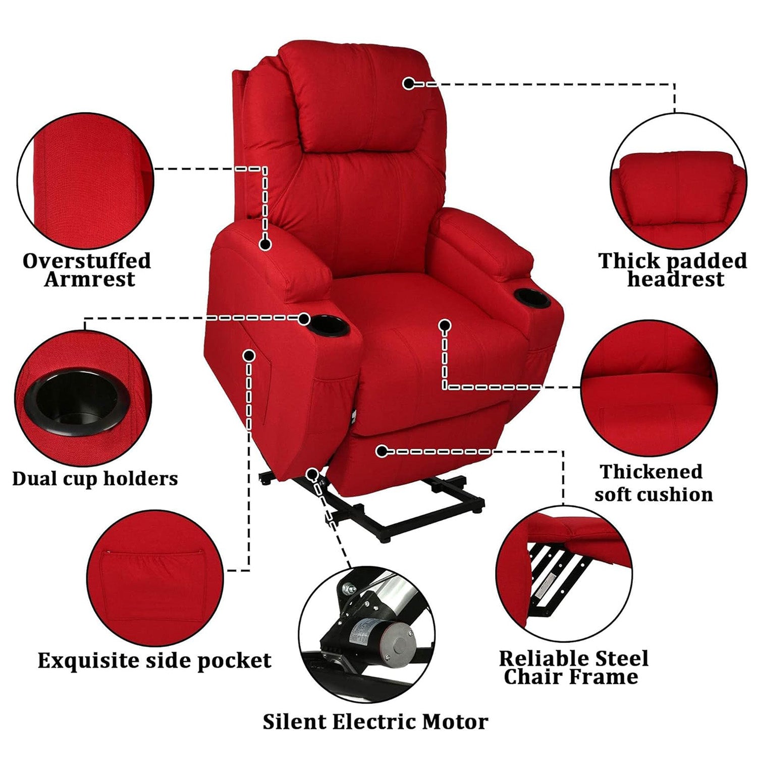 Power Lift Recliner Chair, Electric Full Body Massage Chair for Elderly with Massage and Heat, Red - Bosonshop