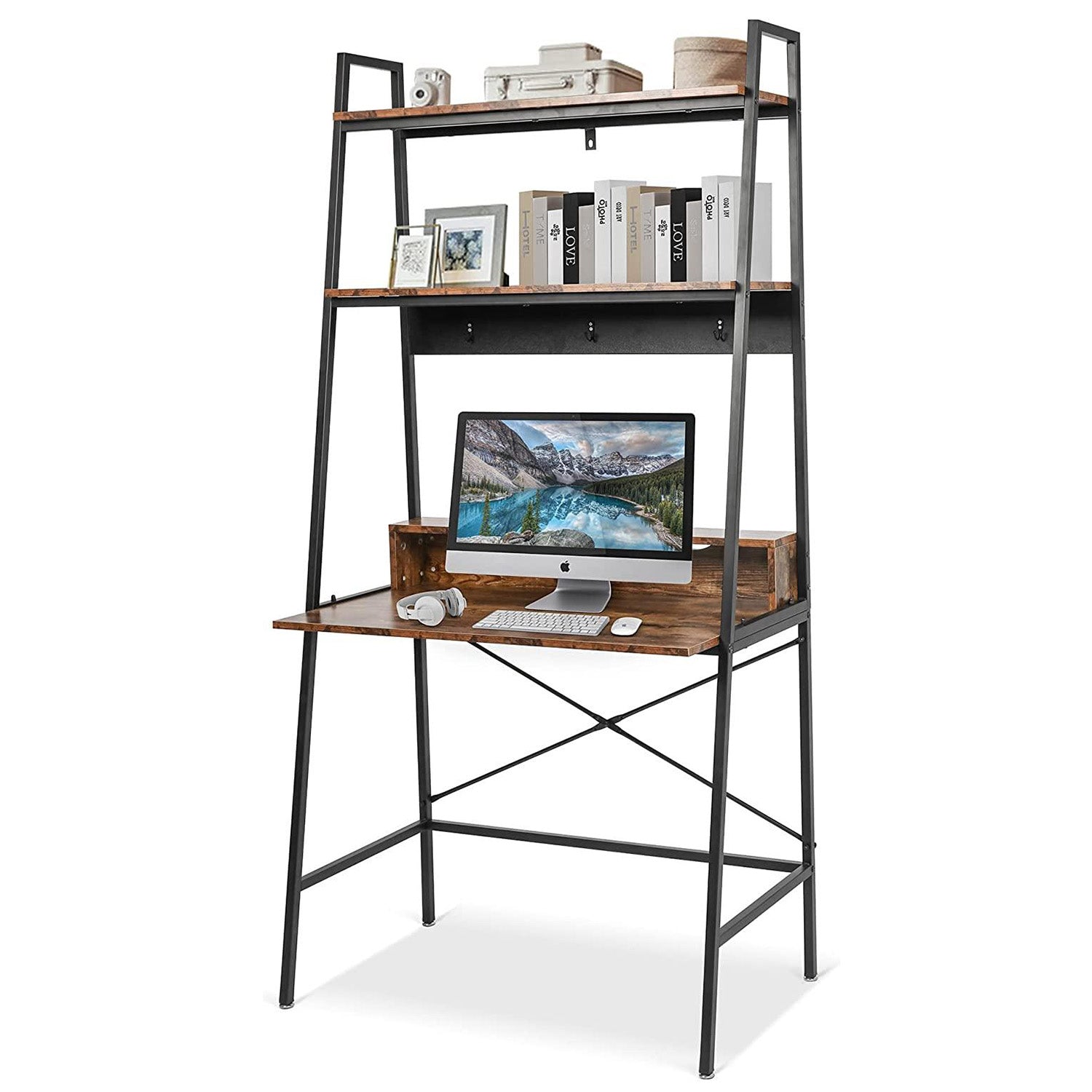 Computer Desk with Bookshelves 35.8" Office Desk Study Writing Gaming Table with Storage Shelf and 3 Hooks, Rustic Brown - Bosonshop