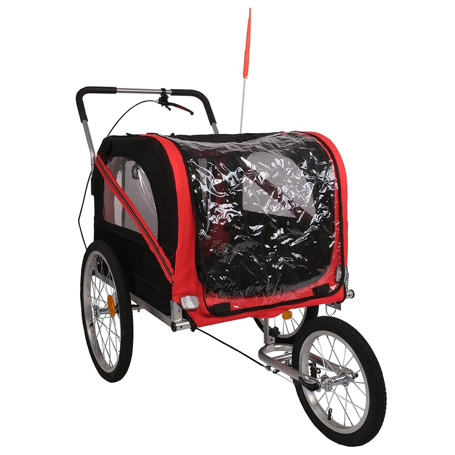 Dog Bike Trailer Cart 2 in 1 Pet Bicycle Stroller for Travel with Reflectors Parking Brake Breathable Protective Net, Red - Bosonshop