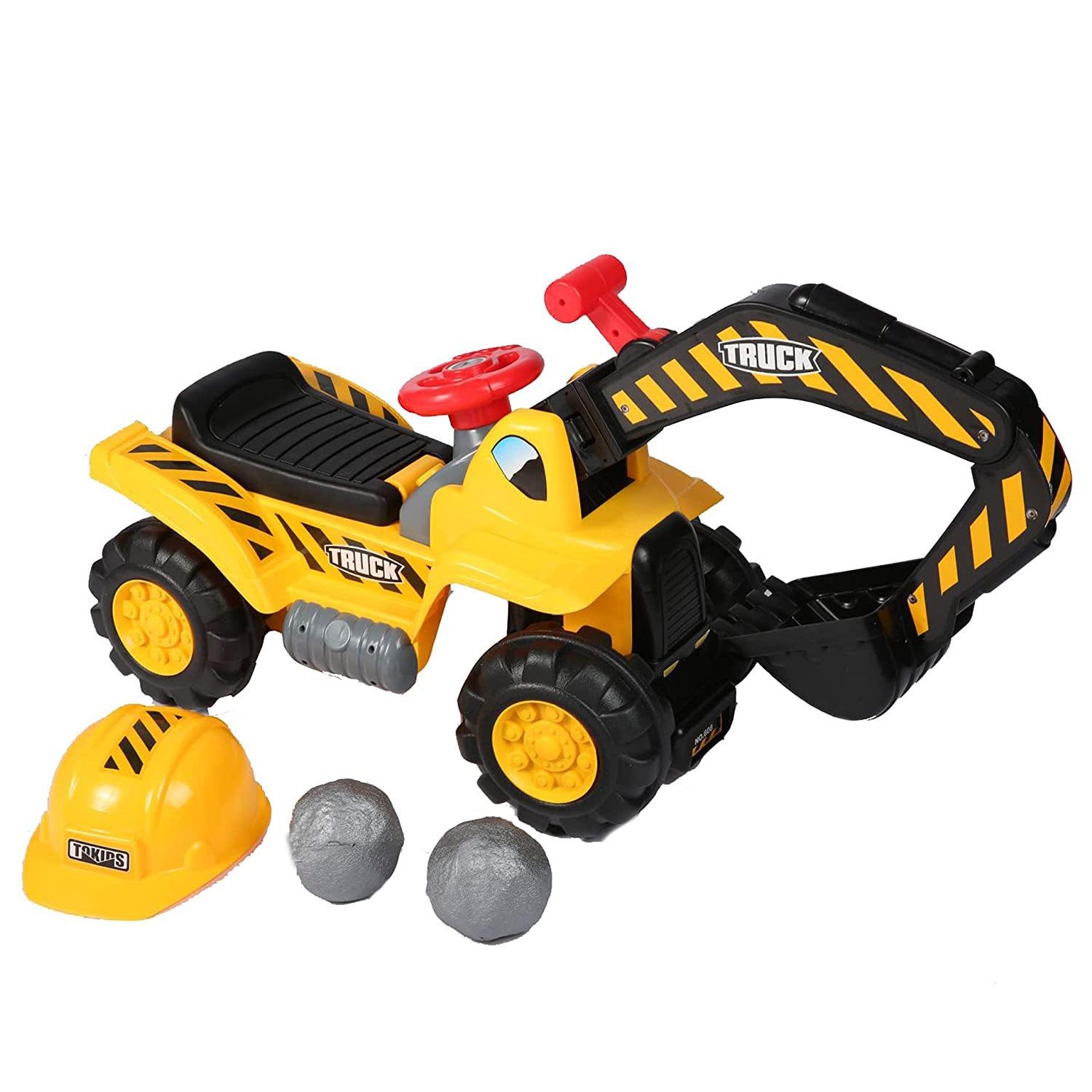 Kids Ride On Excavator Toy with Simulated Sounds Boys Pretend Play Construction Truck Digger Tractor with Steering Wheel, Helmet, Rocks - Bosonshop