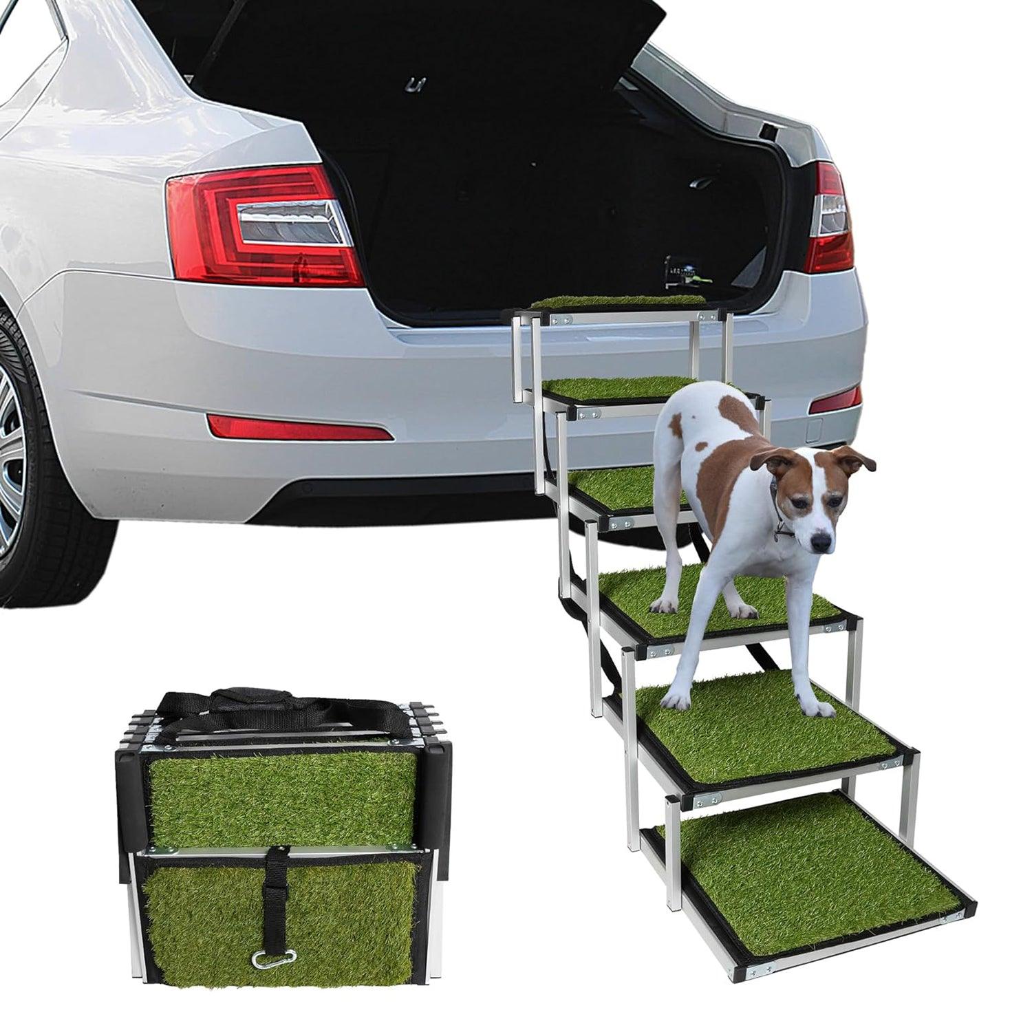 Foldable Aluminum Alloy 6 Steps Dog Stairs with Artificial Turf Non-Slip Surface for Large Dogs, Supports up to 150Lbs - Bosonshop