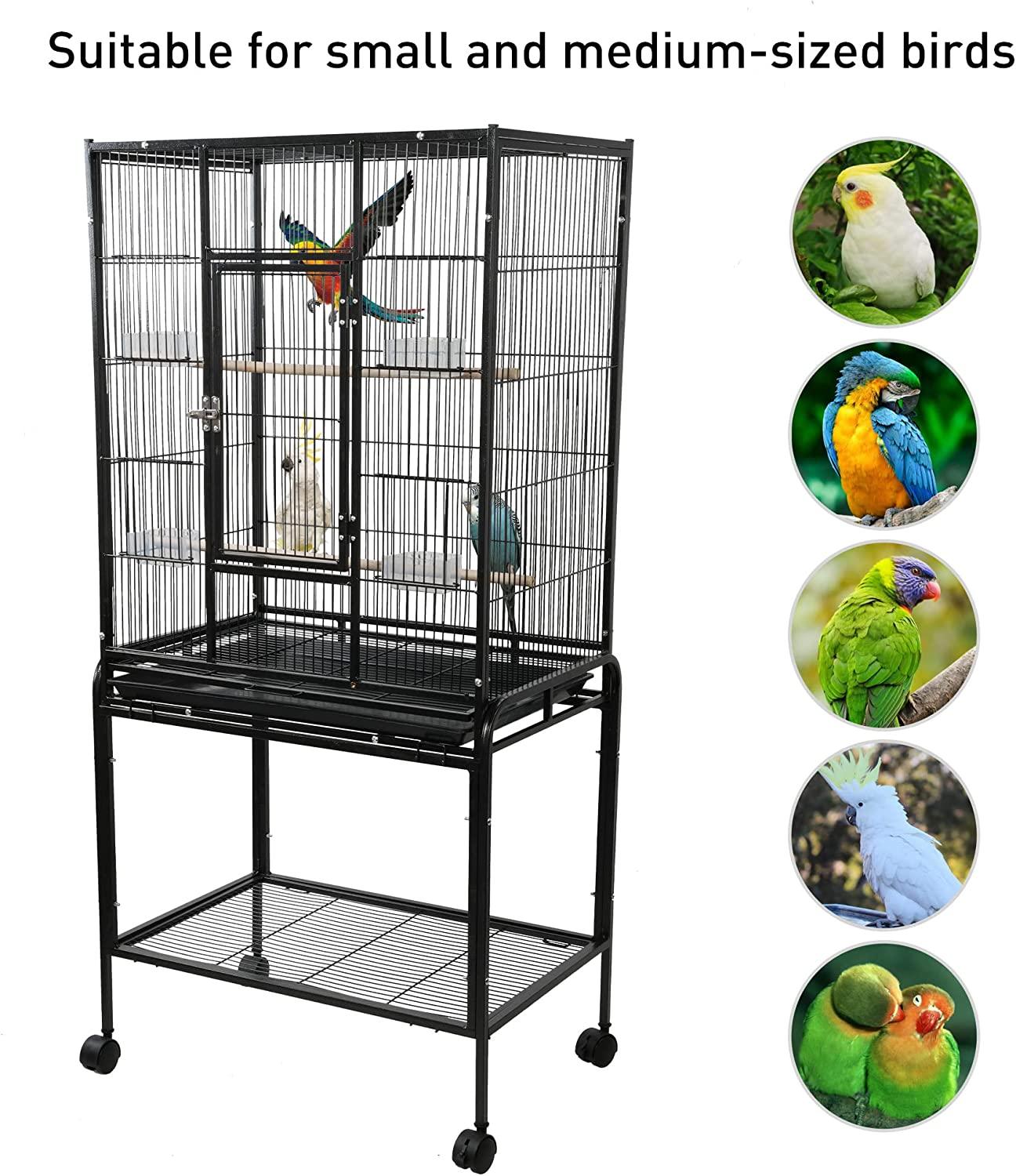 53 Inch Bird Cage with Rolling Stand & Storage Shelf, Large Iron Parrot Cage for Cockatiel, Conure, Lovebird, Parakeets - Bosonshop